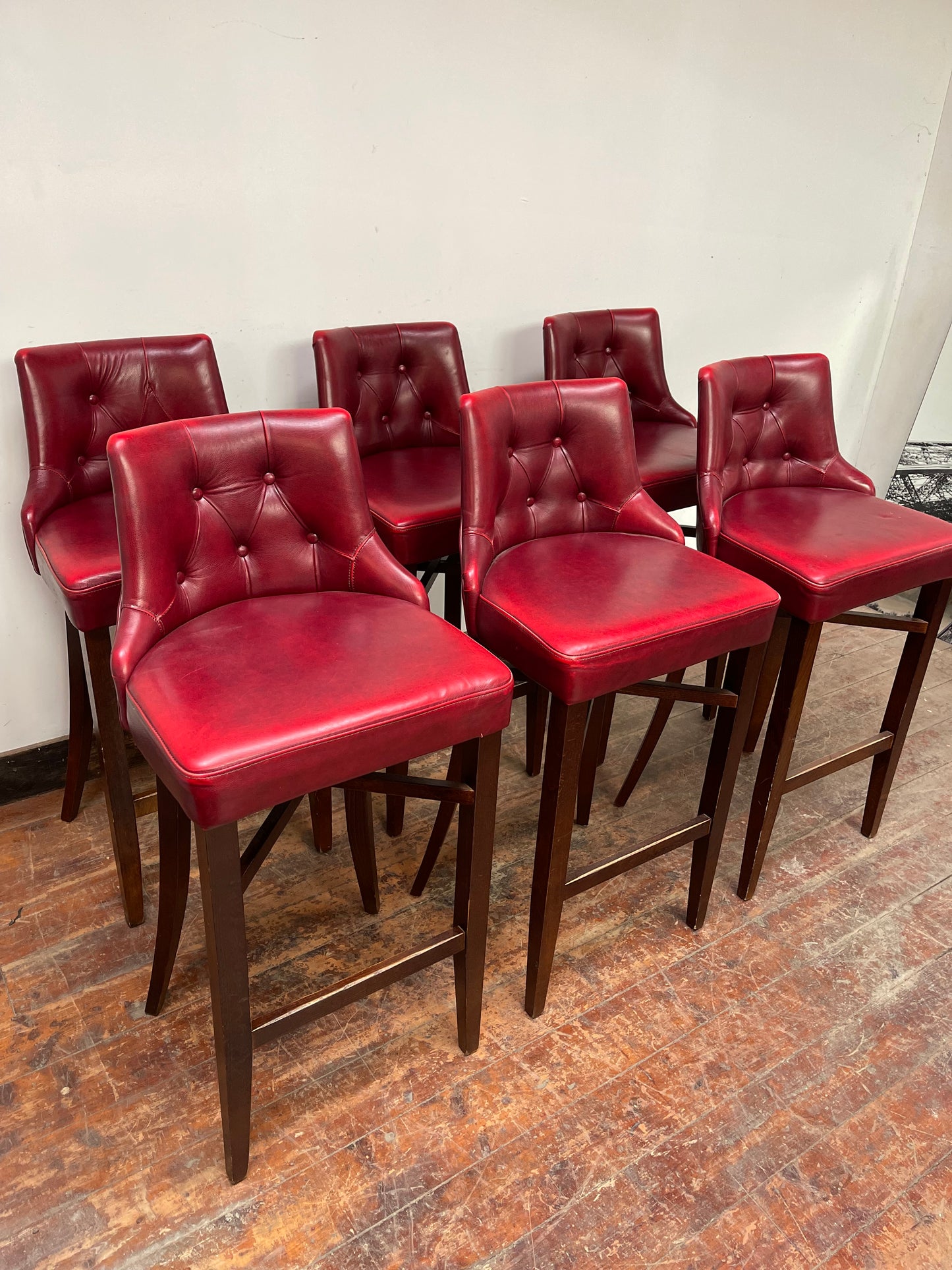 Stunning set of 6 red leather pub bar stools