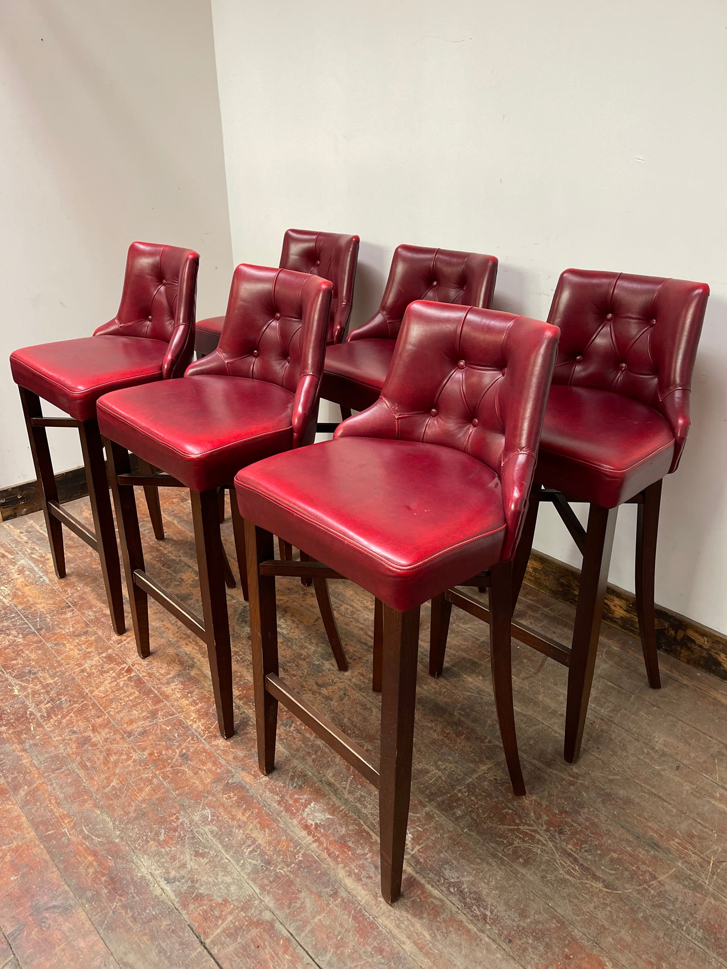 Stunning set of 6 red leather pub bar stools