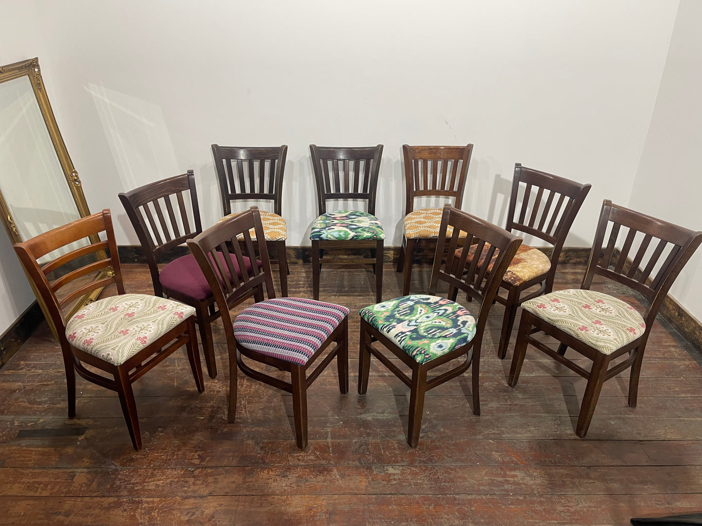 Set of 10 Classic Dining Chairs – Mixed Patterned Upholstery, Brand New Pads