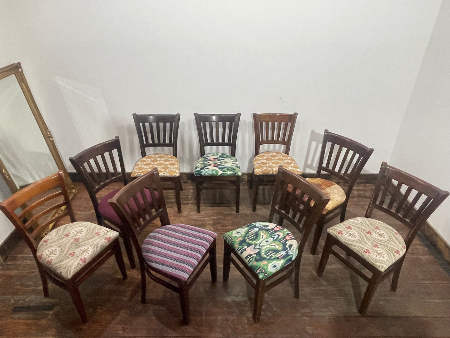Set of 10 Classic Dining Chairs – Mixed Patterned Upholstery, Brand New Pads
