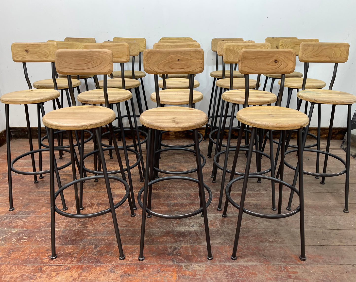 Pair of industrial style bar stools light wood metal frame