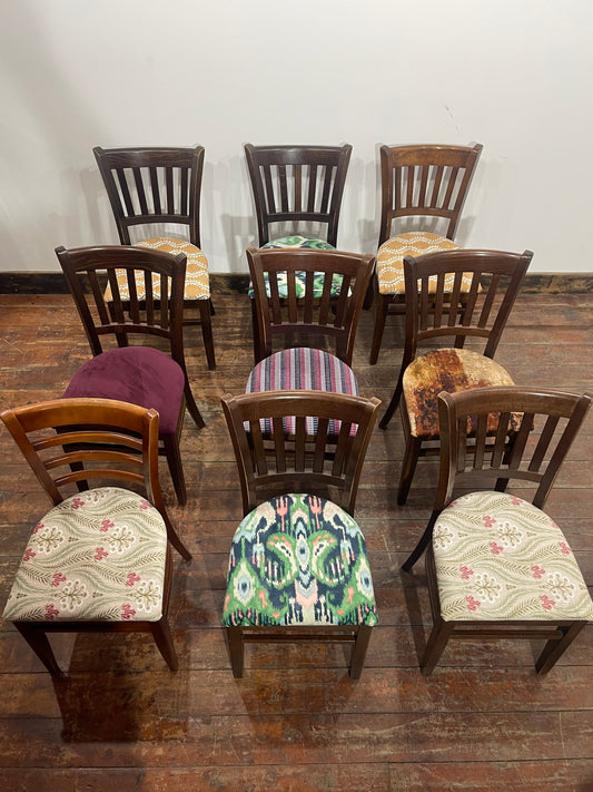 Set of 10 Classic Dining Chairs – Mixed Patterned Upholstery, Brand New Pads