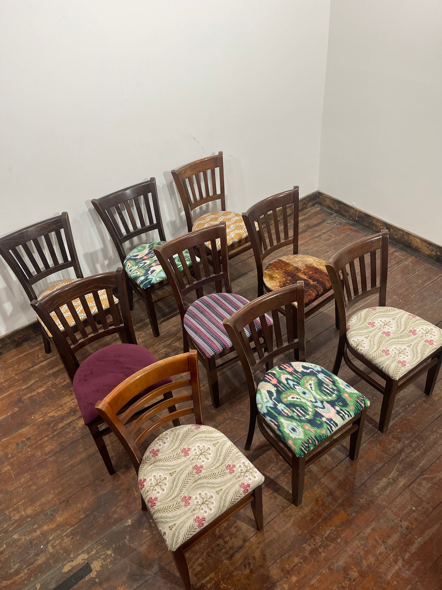 Set of 10 Classic Dining Chairs – Mixed Patterned Upholstery, Brand New Pads