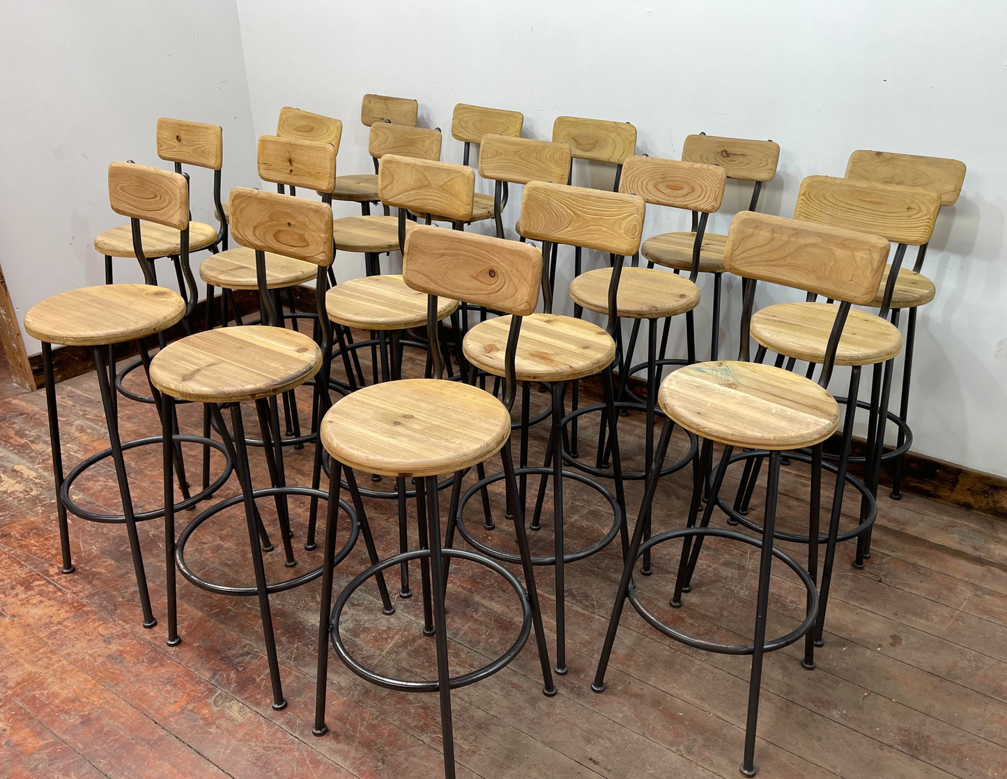 Pair of industrial style bar stools light wood metal frame
