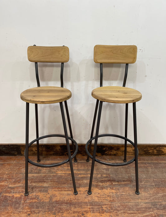 Pair of industrial style bar stools light wood metal frame