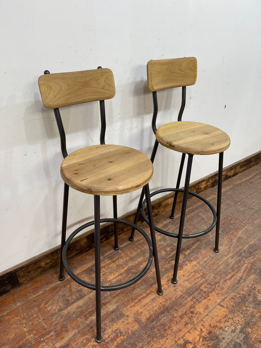 Pair of industrial style bar stools light wood metal frame