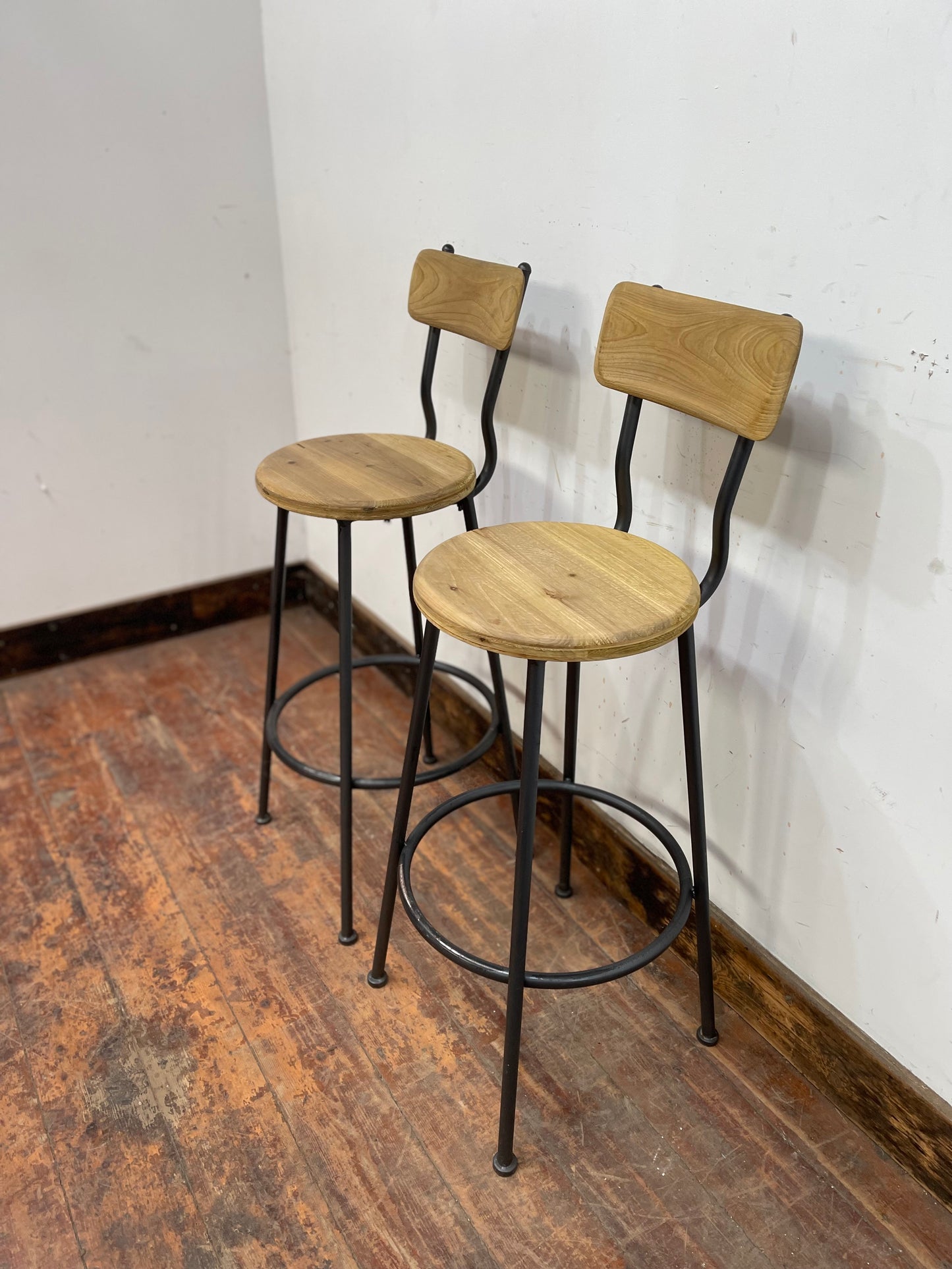 Pair of industrial style bar stools light wood metal frame