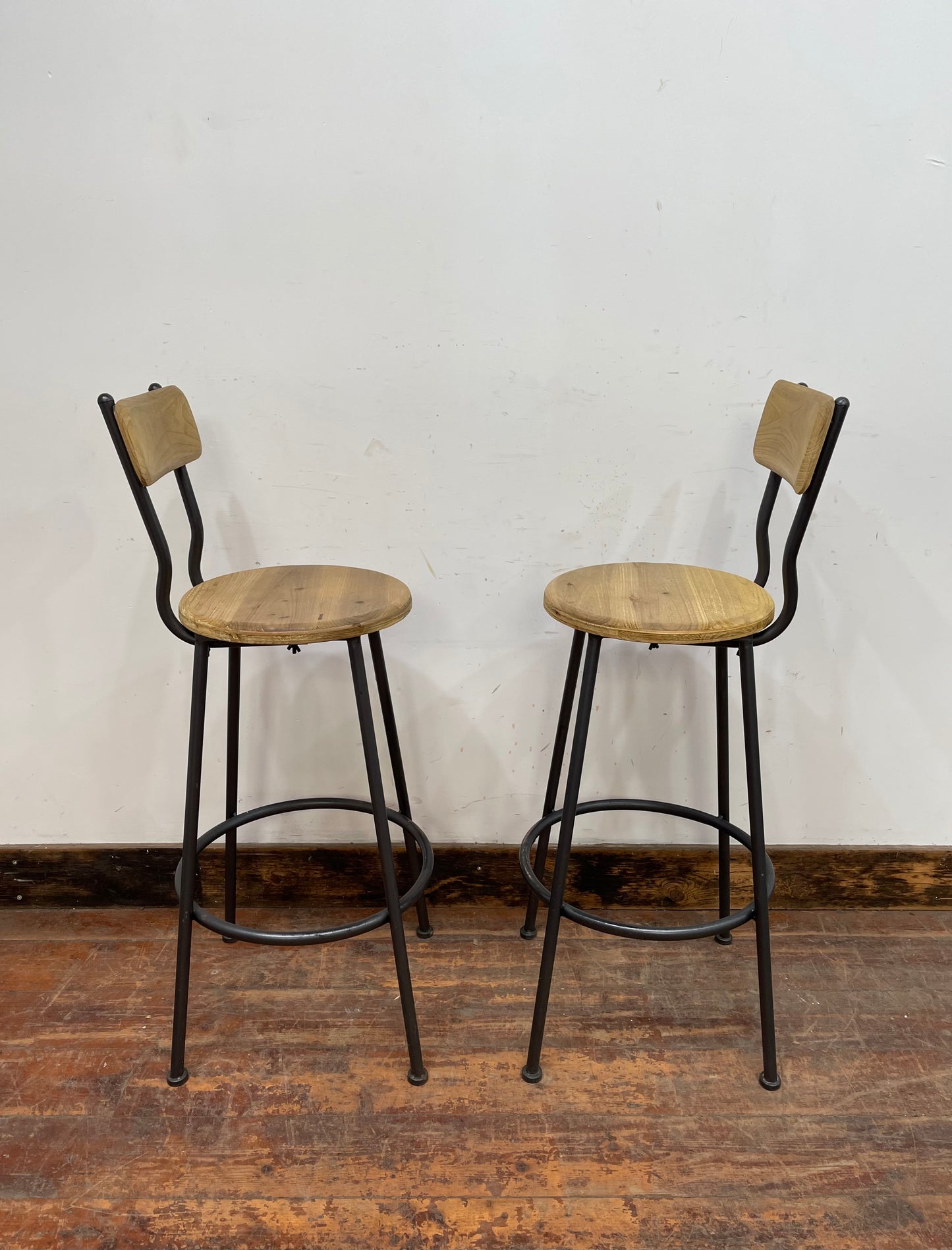 Pair of industrial style bar stools light wood metal frame