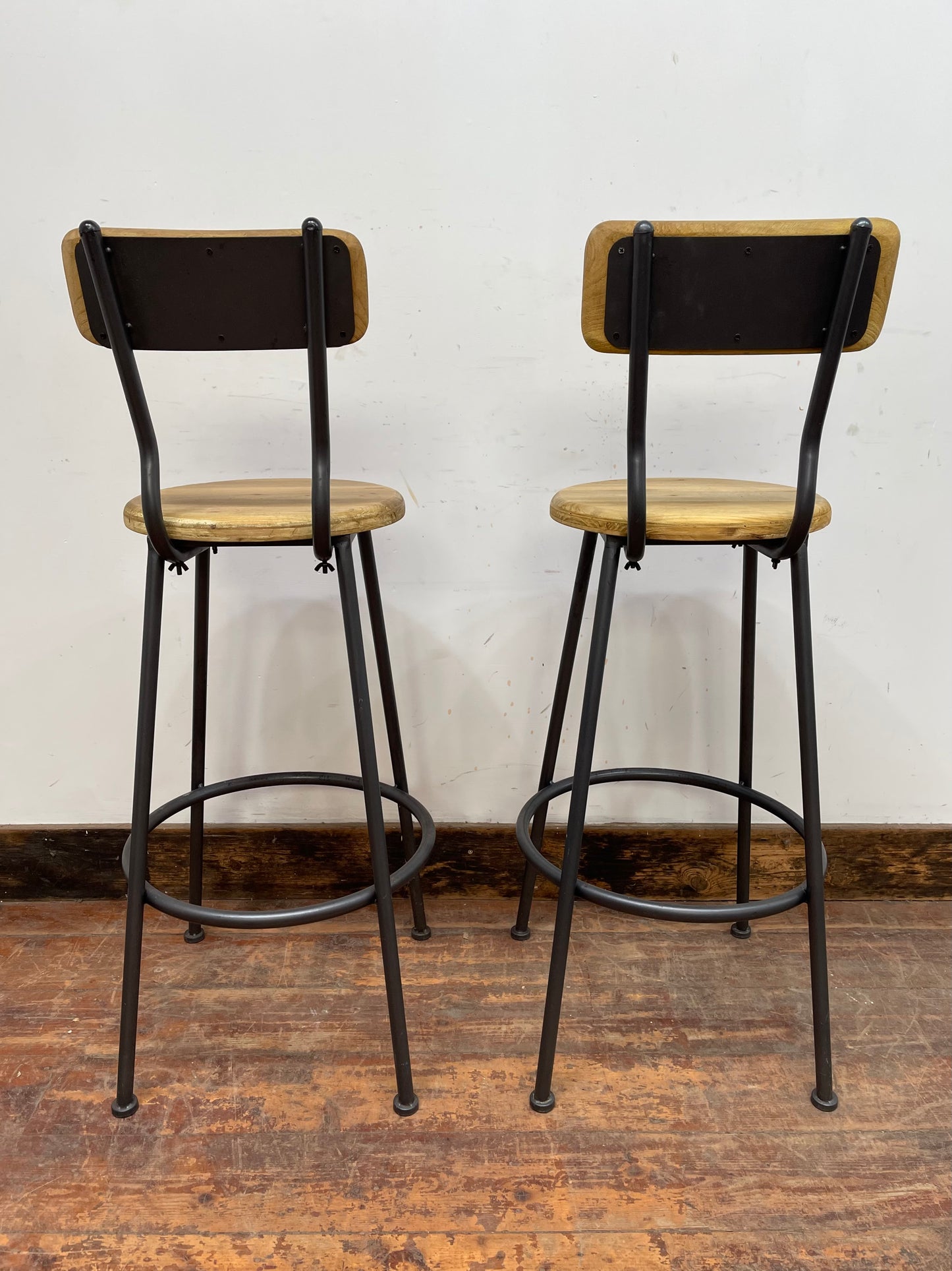 Pair of industrial style bar stools light wood metal frame
