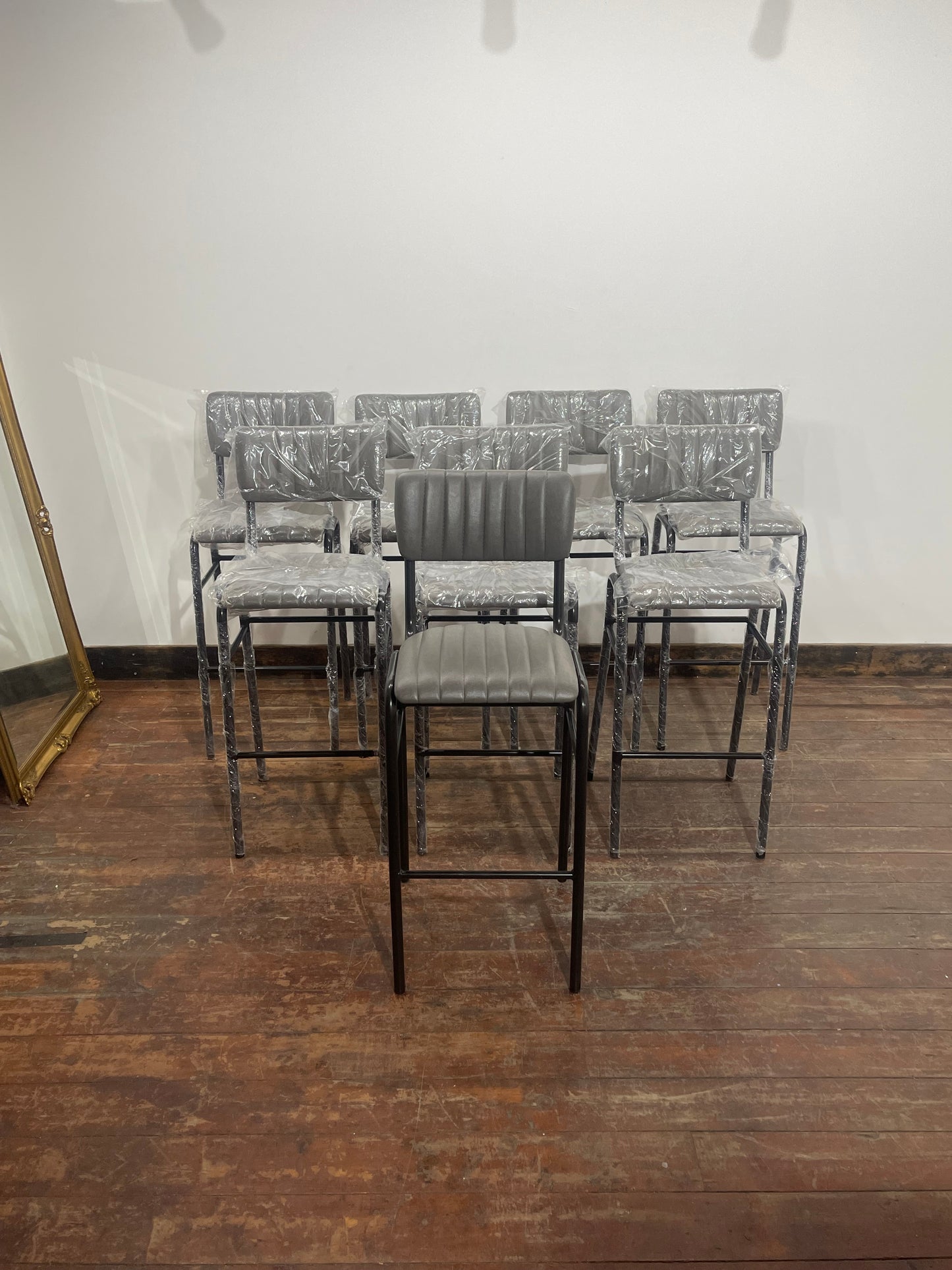 Ex-Display Set of 8 Grey Leather Effect Bar Stools / Industrial Style