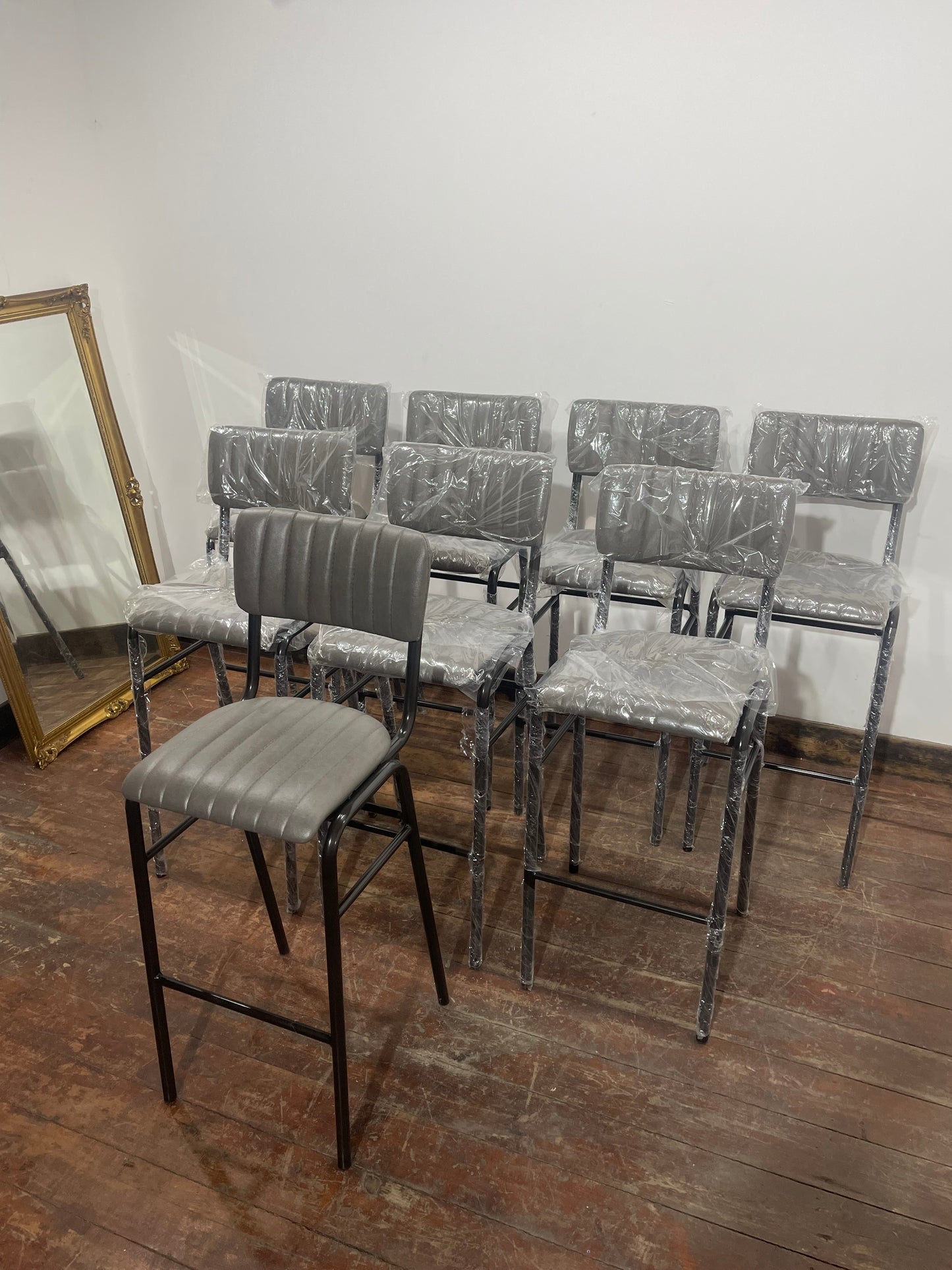 Ex-Display Set of 8 Grey Leather Effect Bar Stools / Industrial Style