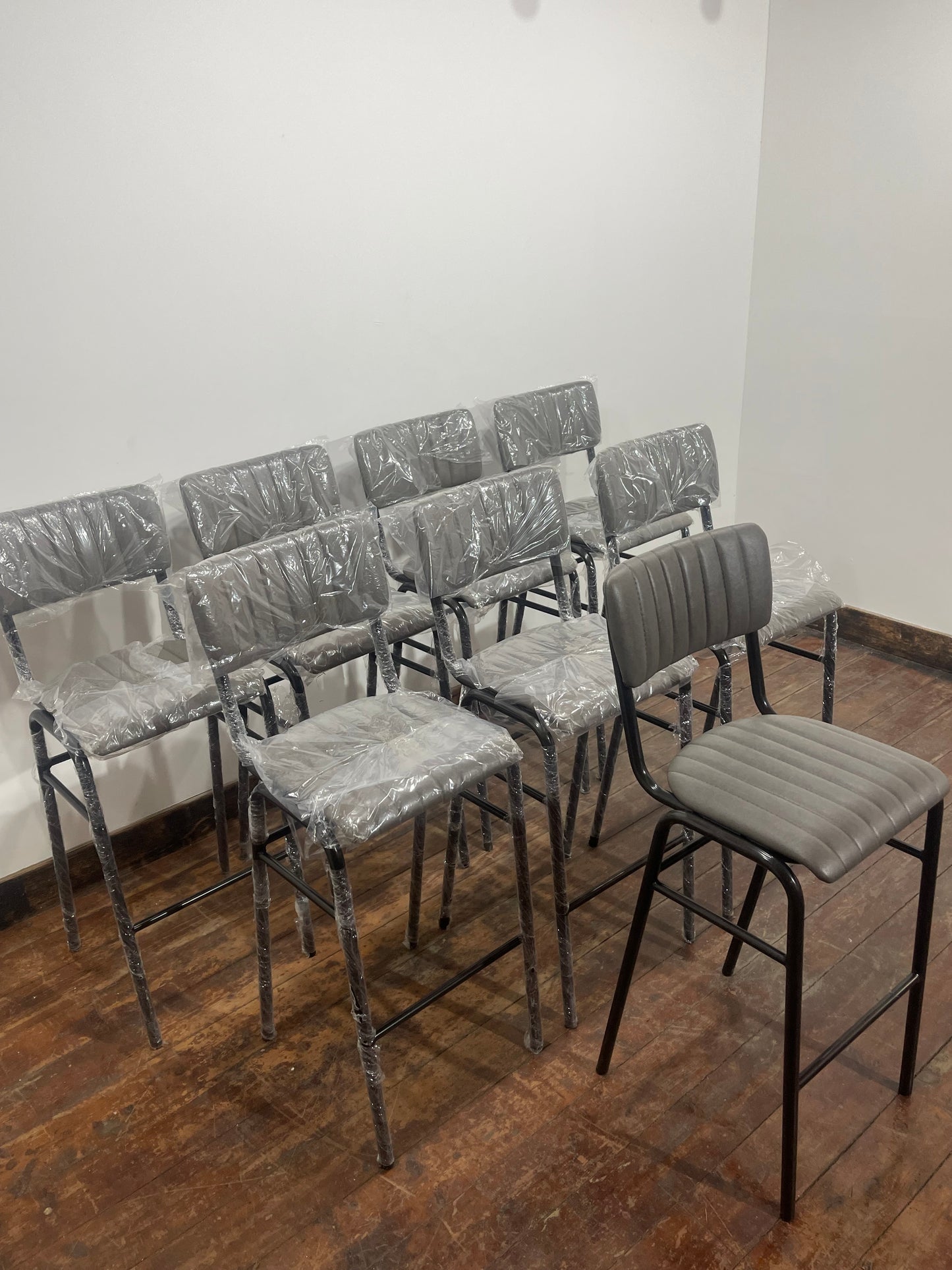 Ex-Display Set of 8 Grey Leather Effect Bar Stools / Industrial Style