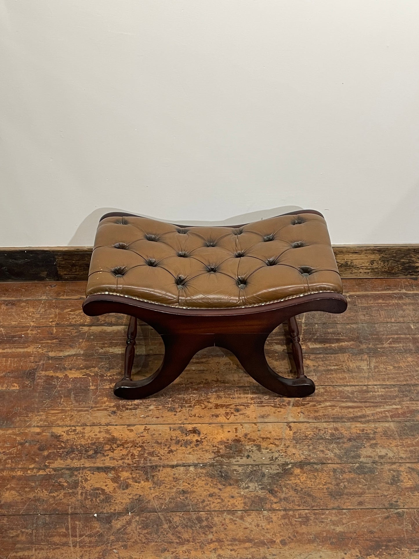 Vintage Chesterfield Leather Lounge Chair & Footstool | Tufted Brown Leather | Bentwood Frame | Fireside Armchair