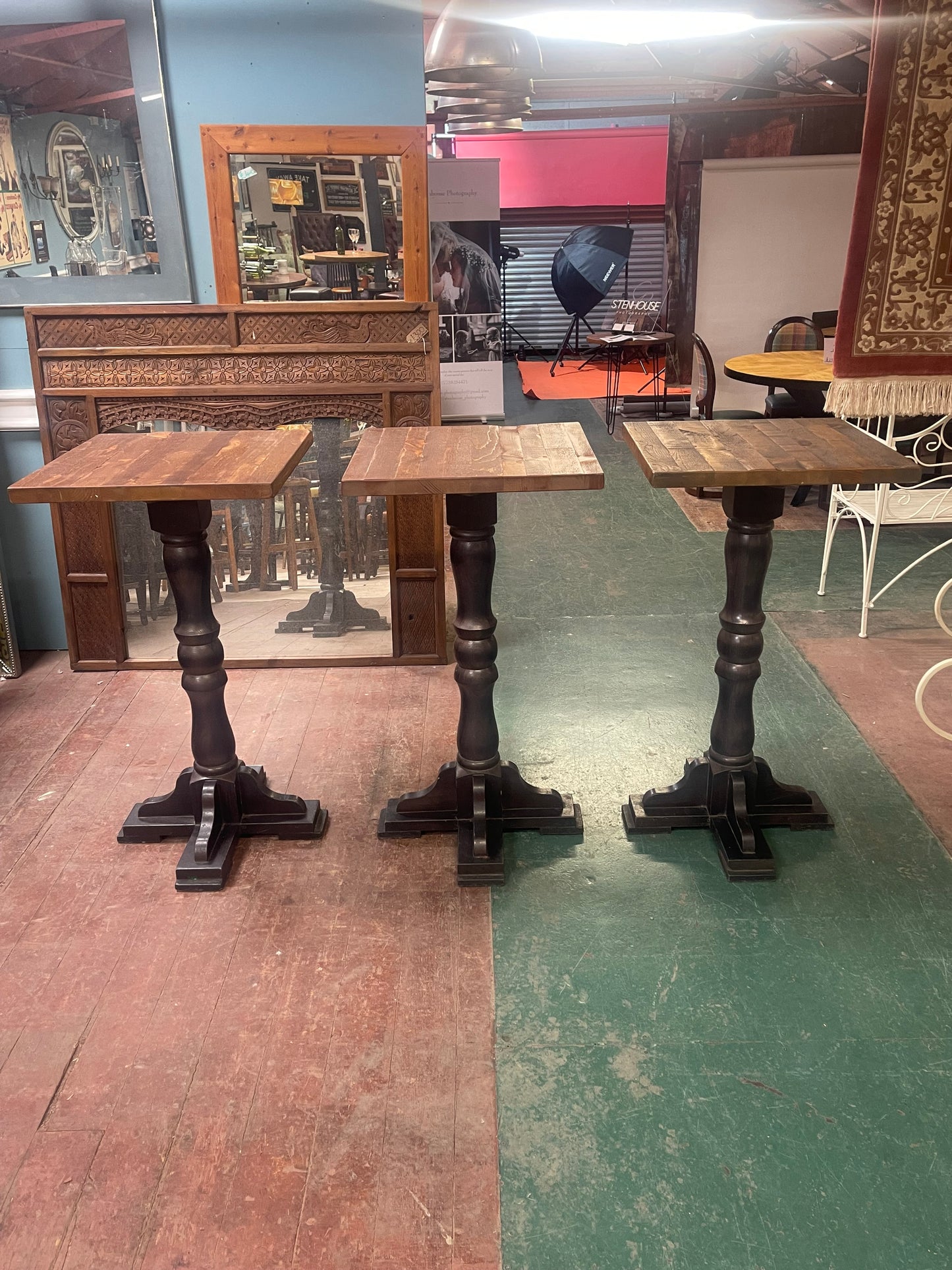 Trio of Rustic Solid Wood High Bar Tables | Dark Pedestal Base | Pub, Restaurant, Café