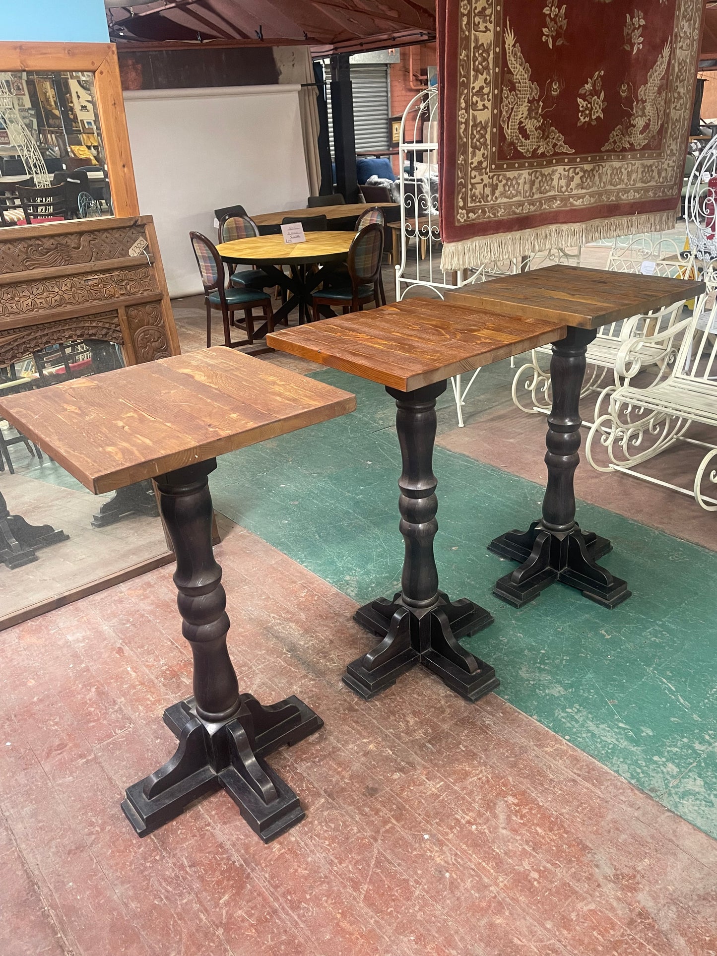 Trio of Rustic Solid Wood High Bar Tables | Dark Pedestal Base | Pub, Restaurant, Café