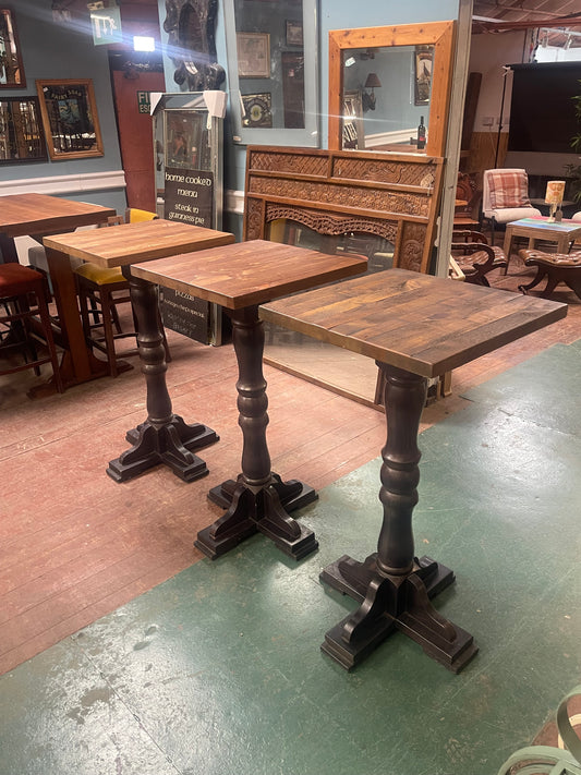 Duo of Rustic Solid Wood High Bar Tables | Dark Pedestal Base | Pub, Restaurant, Café