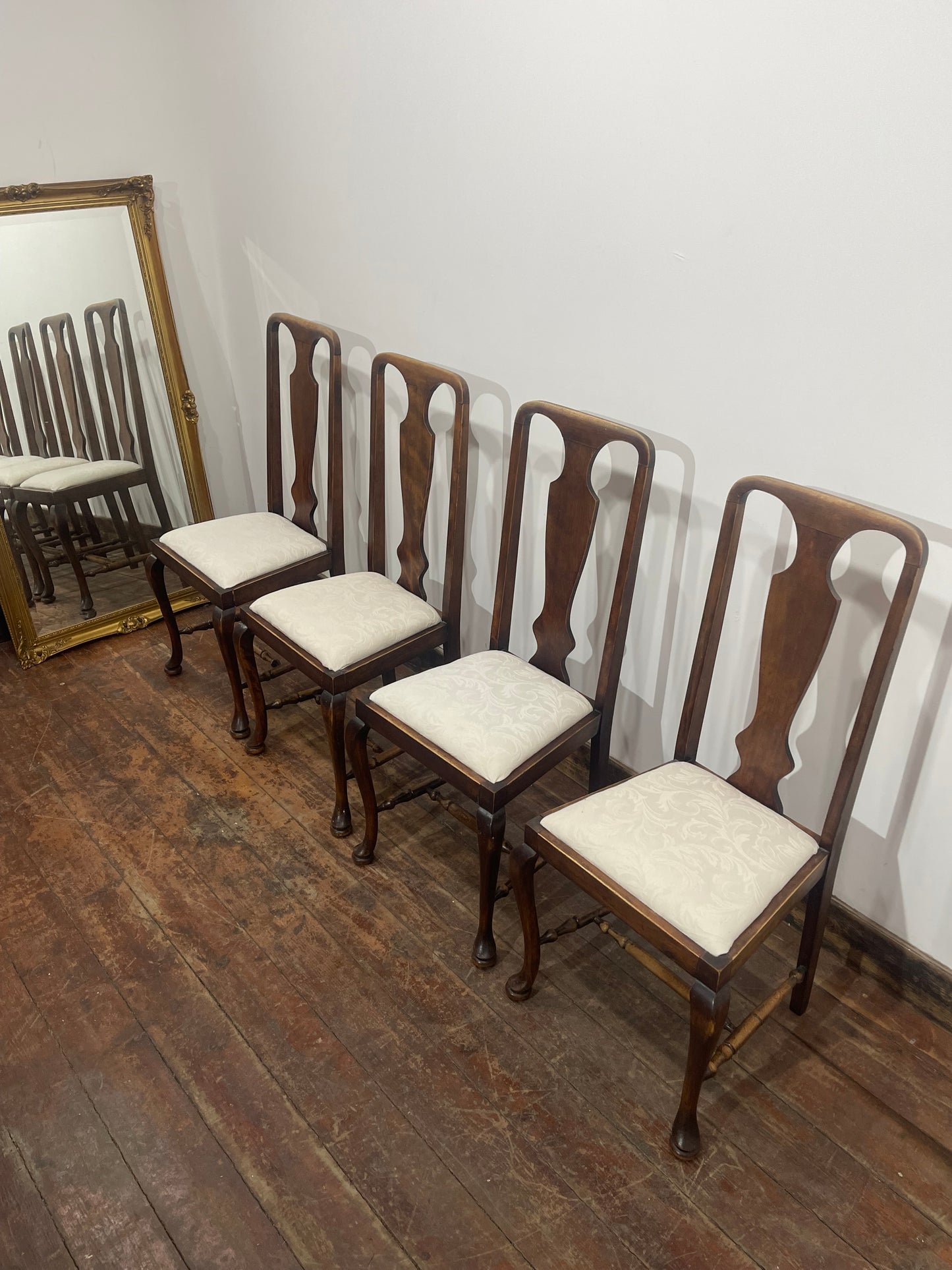 4 Antique Solid Oak Georgian Queen Anne Dining Chairs/ 100 years old