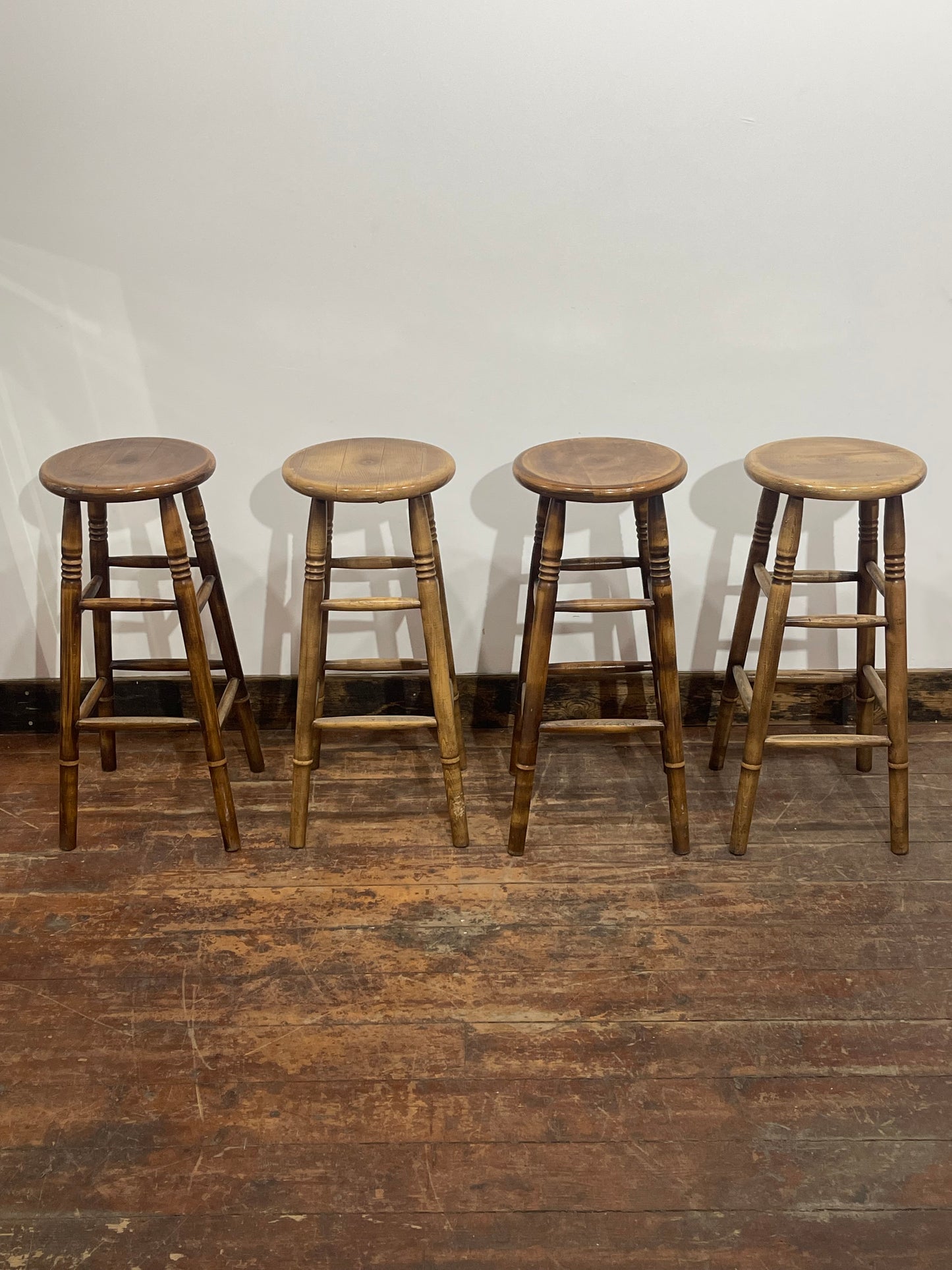 Set of 4 Vintage Wooden Bar Stools – Rustic Solid Wood Pub Kitchen Island Stools