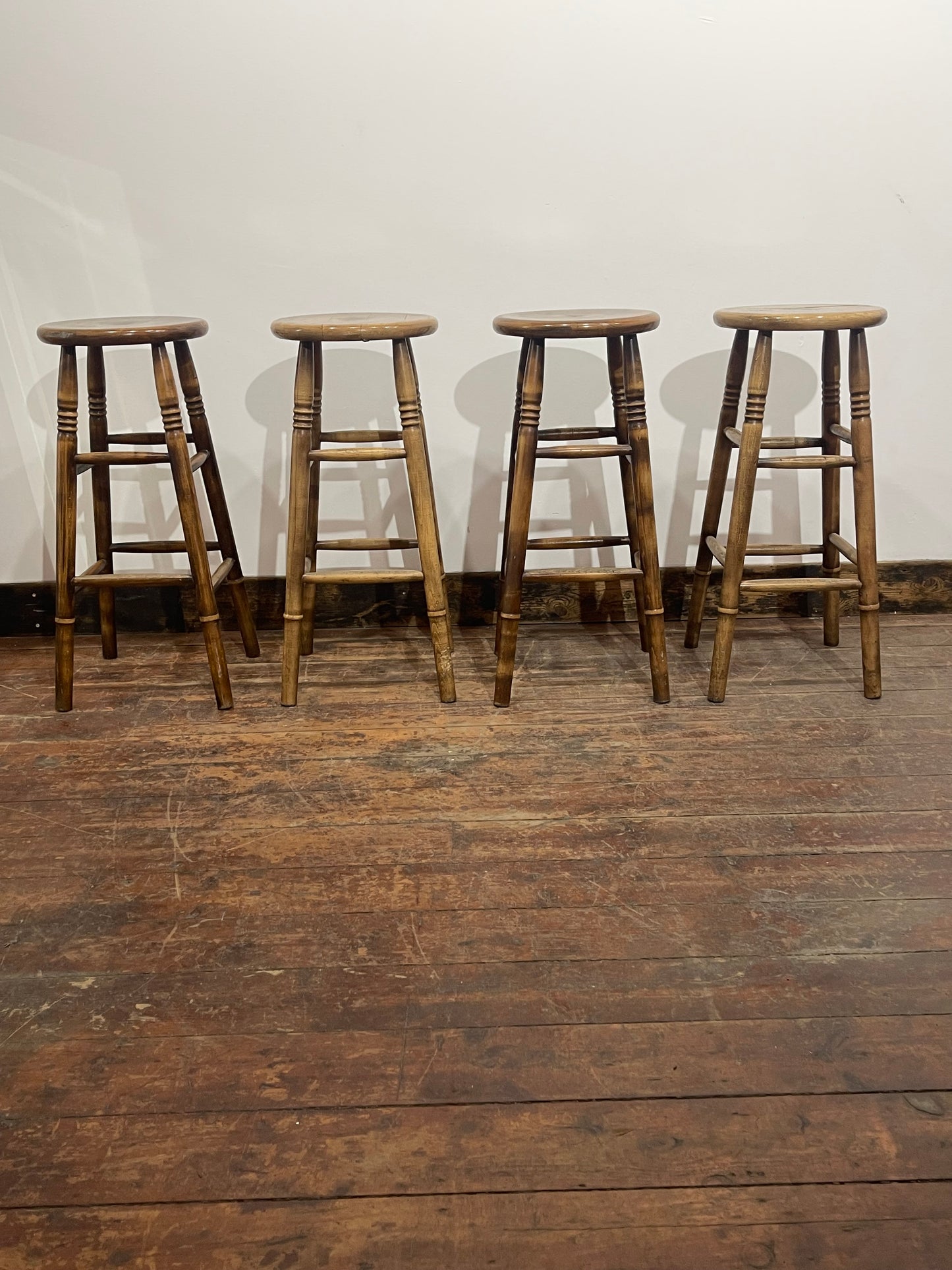 Set of 4 Vintage Wooden Bar Stools – Rustic Solid Wood Pub Kitchen Island Stools