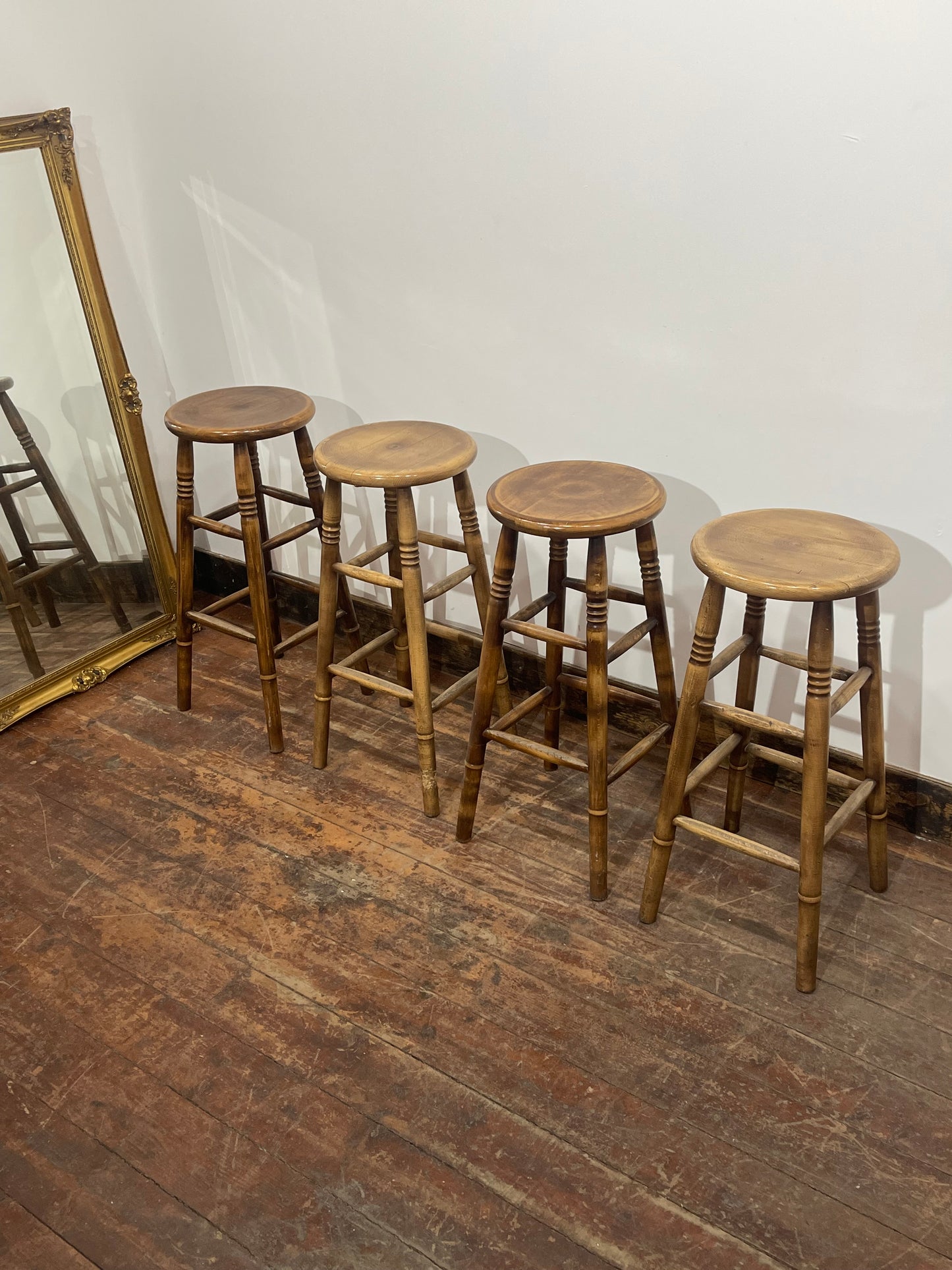 Set of 4 Vintage Wooden Bar Stools – Rustic Solid Wood Pub Kitchen Island Stools