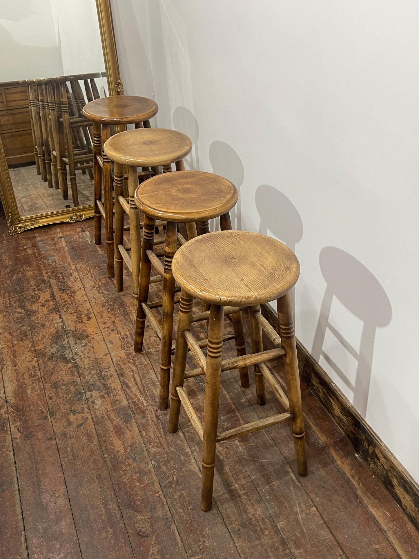 Set of 4 Vintage Wooden Bar Stools – Rustic Solid Wood Pub Kitchen Island Stools