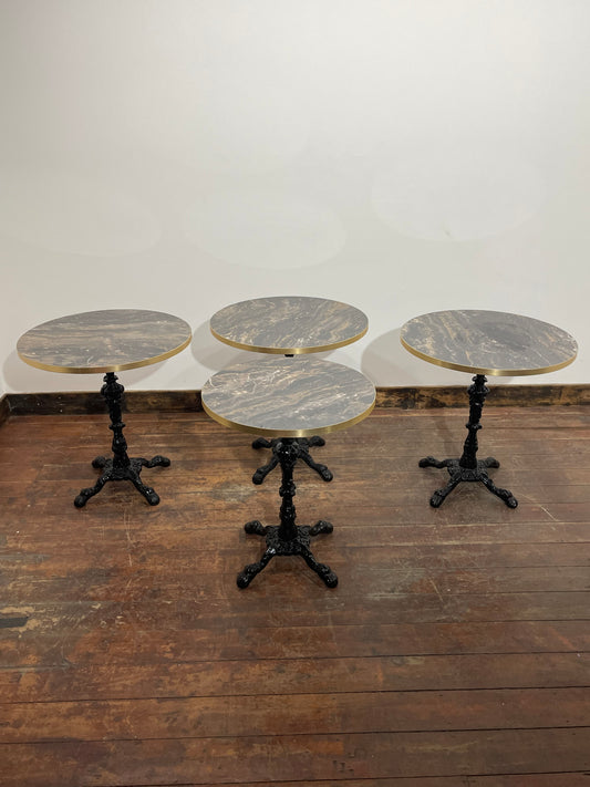 Set of 4 Marble Effect Bistro Tables – Gold Trim & Ornate Cast Iron Bases