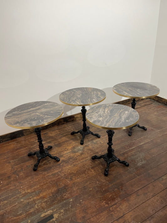 Set of 4 Marble Effect Bistro Tables – Gold Trim & Ornate Cast Iron Bases