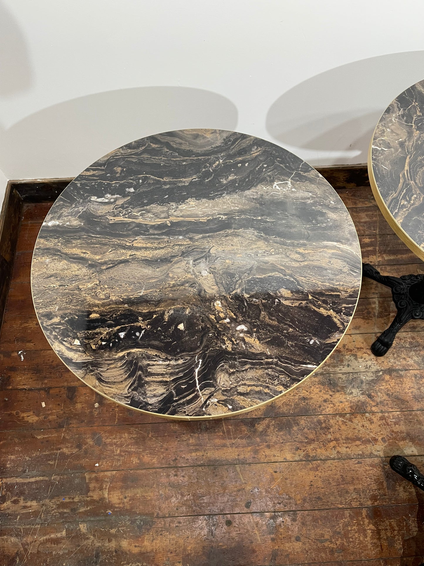 Set of 4 Marble Effect Bistro Tables – Gold Trim & Ornate Cast Iron Bases