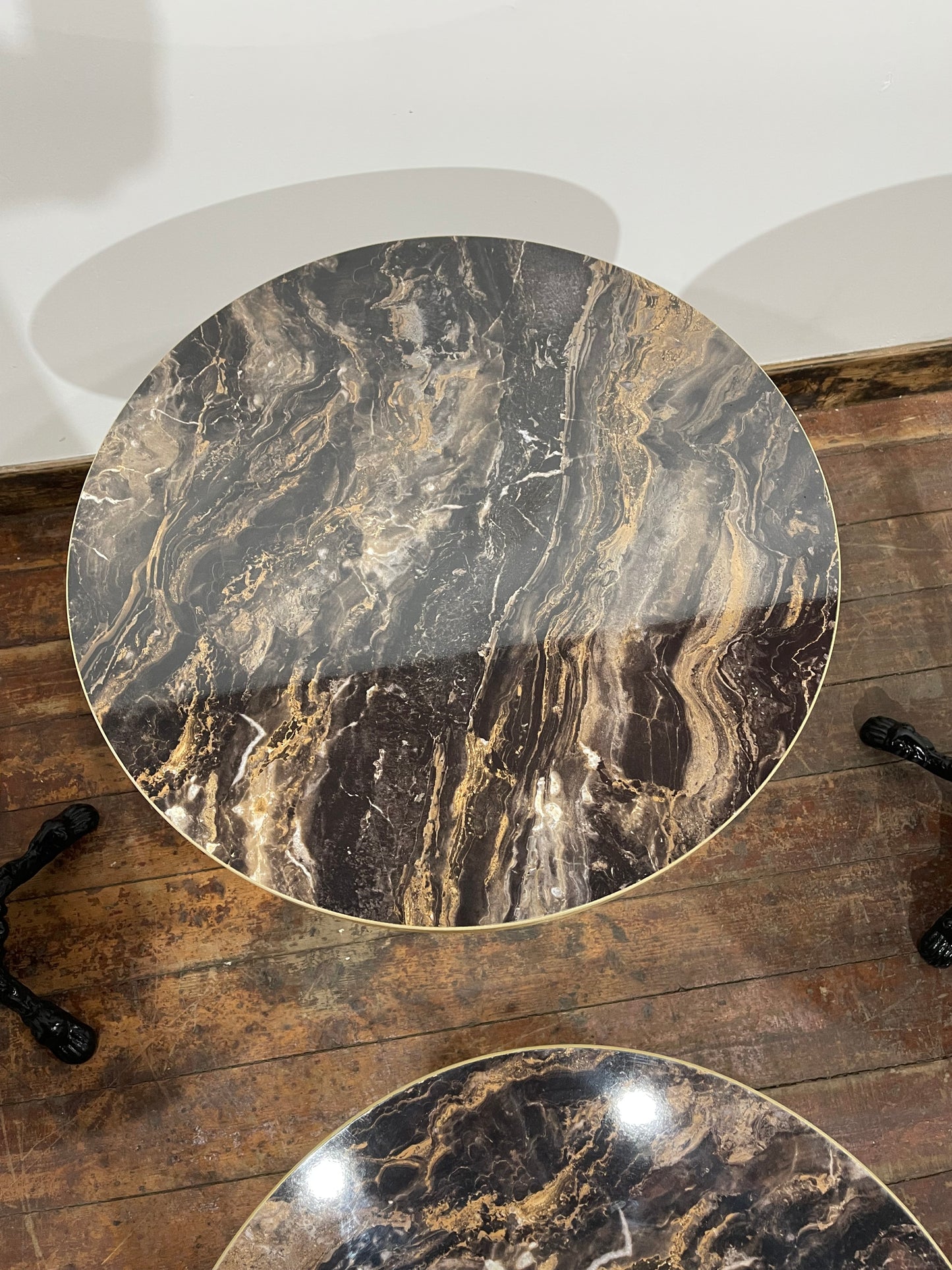 Set of 4 Marble Effect Bistro Tables – Gold Trim & Ornate Cast Iron Bases