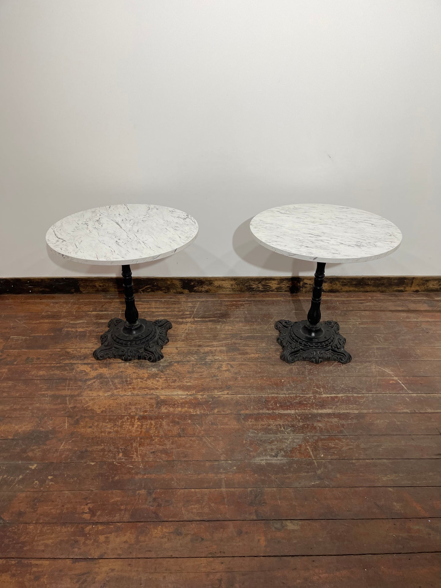 Pair of Ornate Cast Iron Bistro Tables – Marble Effect Tops – Vintage Style
