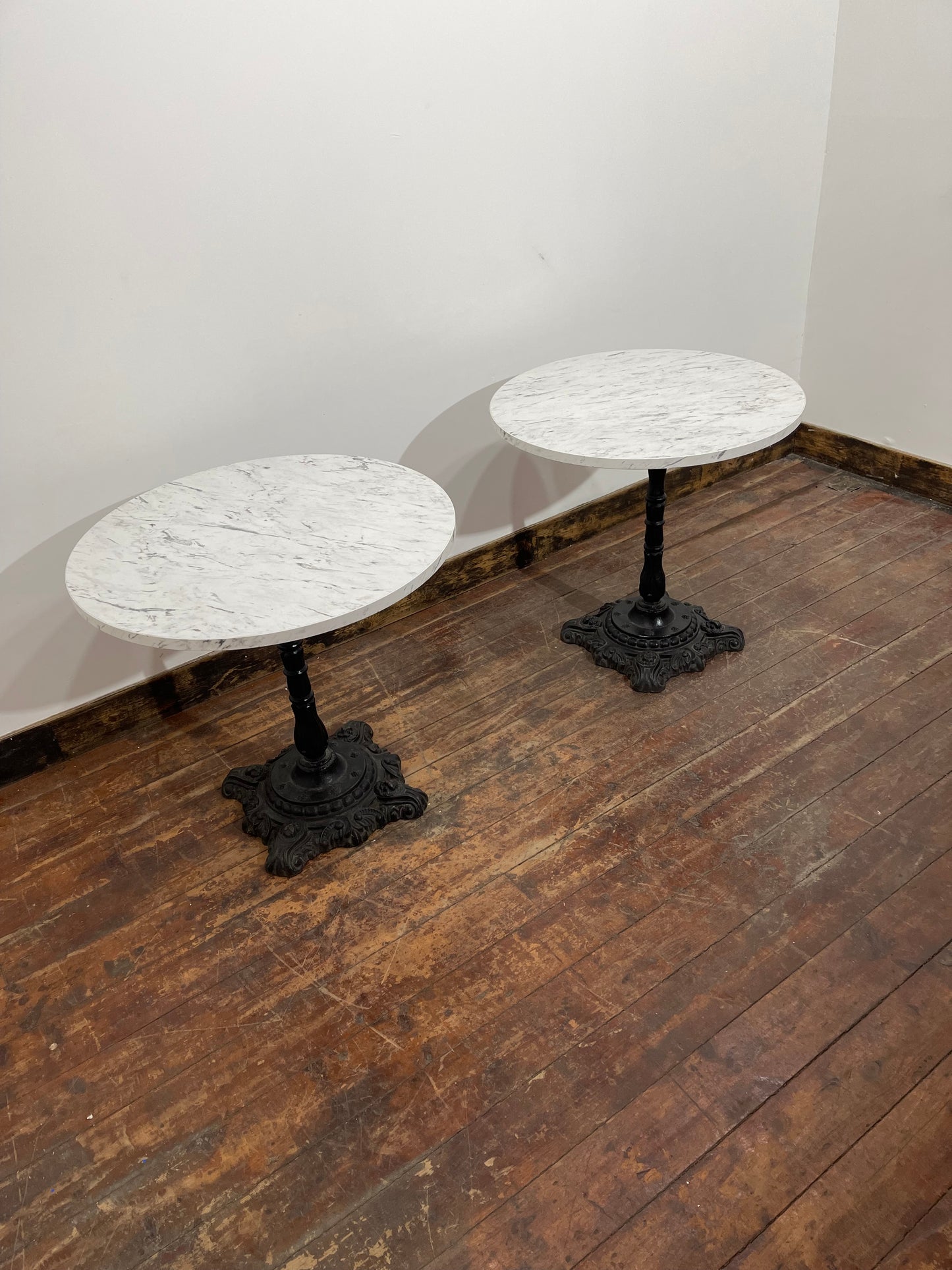 Pair of Ornate Cast Iron Bistro Tables – Marble Effect Tops – Vintage Style