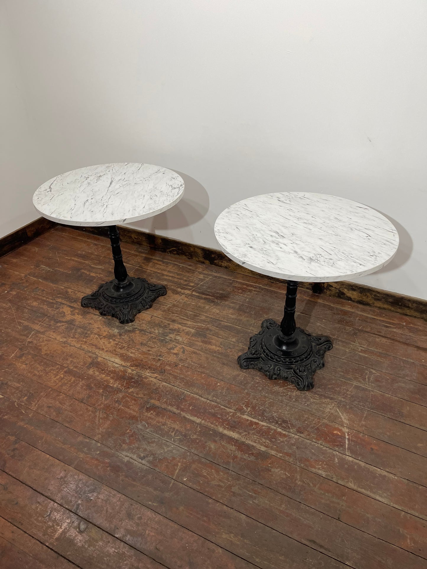 Pair of Ornate Cast Iron Bistro Tables – Marble Effect Tops – Vintage Style