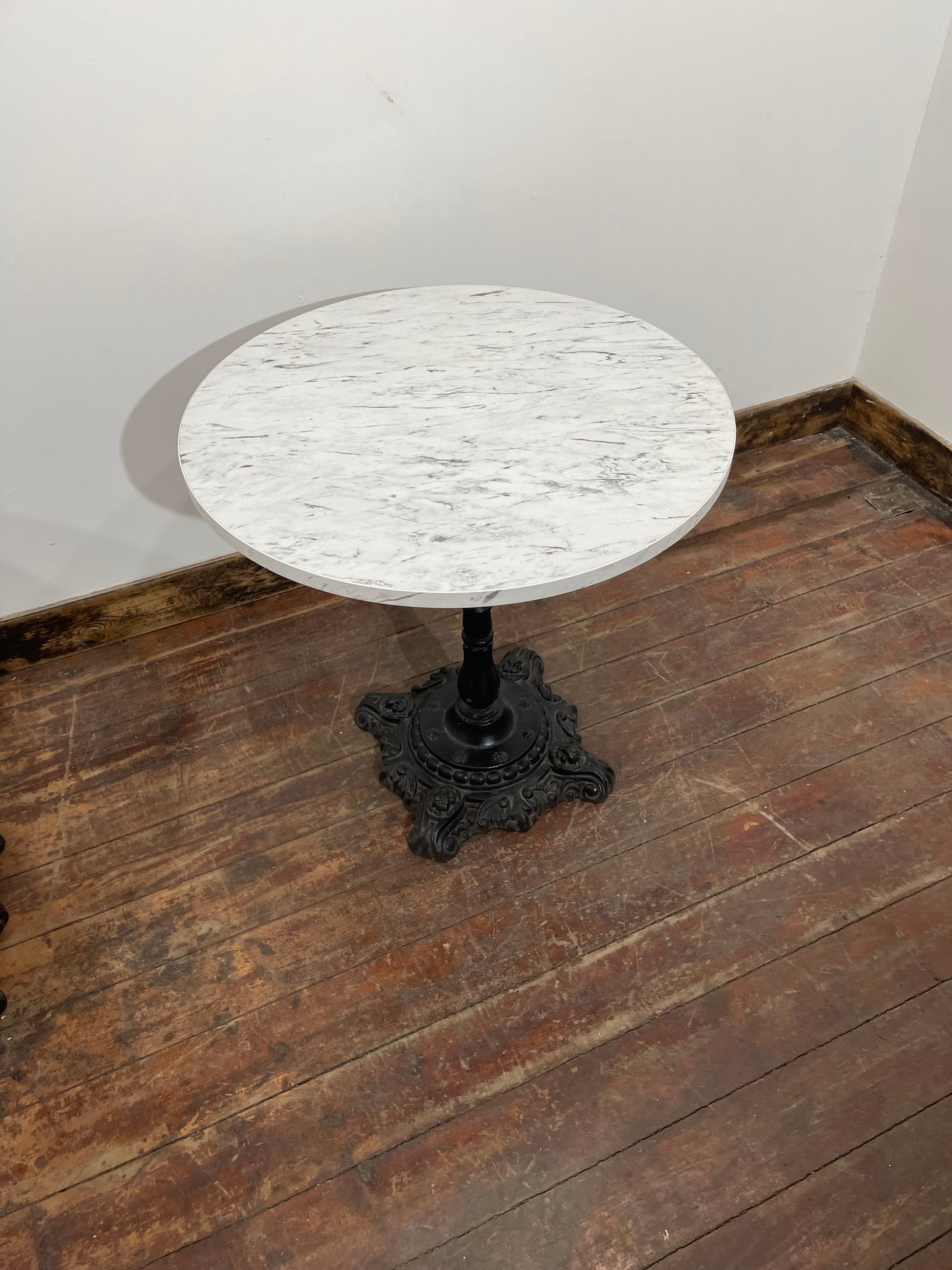 Pair of Ornate Cast Iron Bistro Tables – Marble Effect Tops – Vintage Style