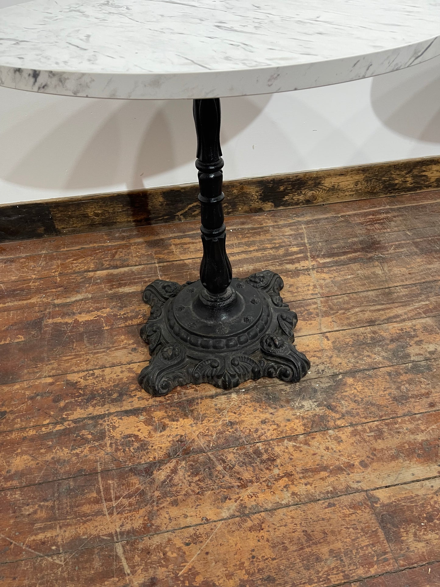 Pair of Ornate Cast Iron Bistro Tables – Marble Effect Tops – Vintage Style