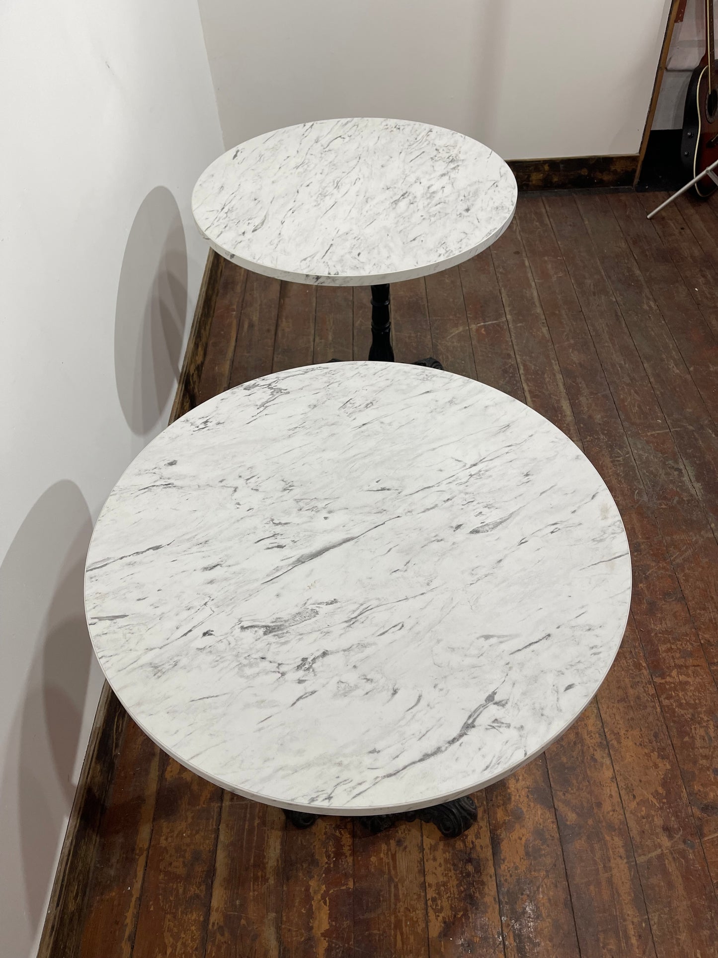 Pair of Ornate Cast Iron Bistro Tables – Marble Effect Tops – Vintage Style