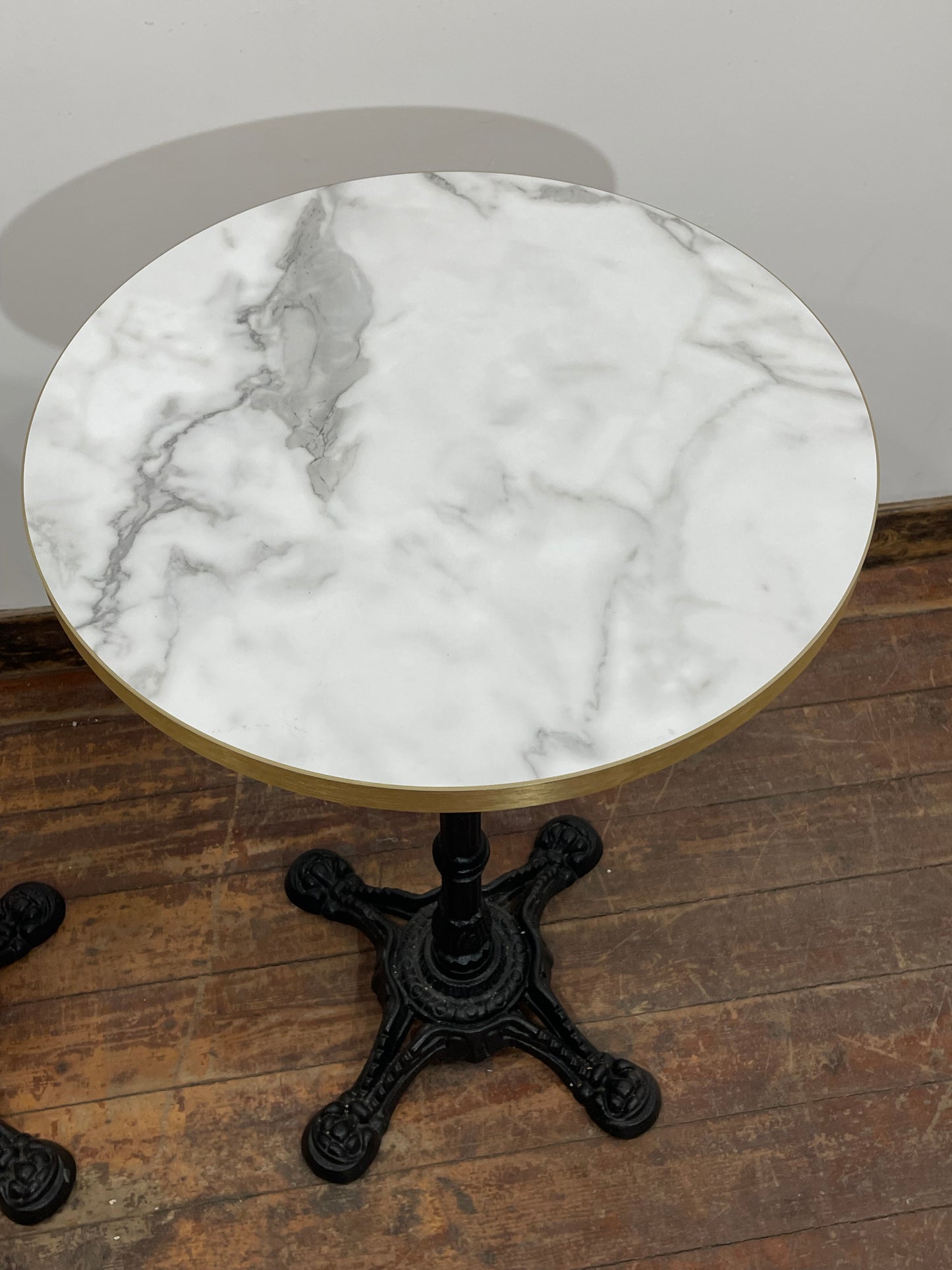 Pair of High Bar Poseur Tables Marble Effect Tops Gold Edge Cast Iron Bases