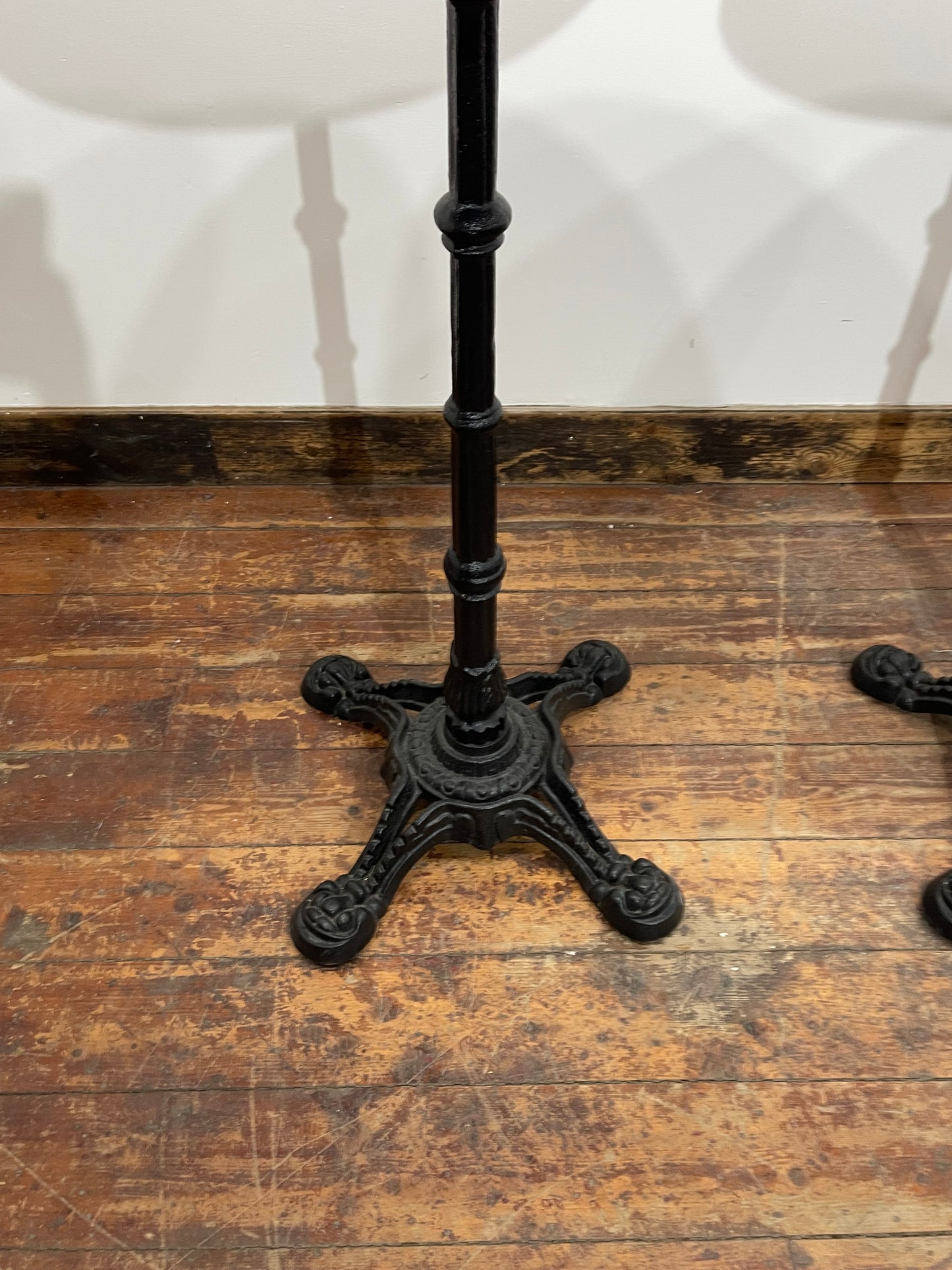 Pair of High Bar Poseur Tables Marble Effect Tops Gold Edge Cast Iron Bases