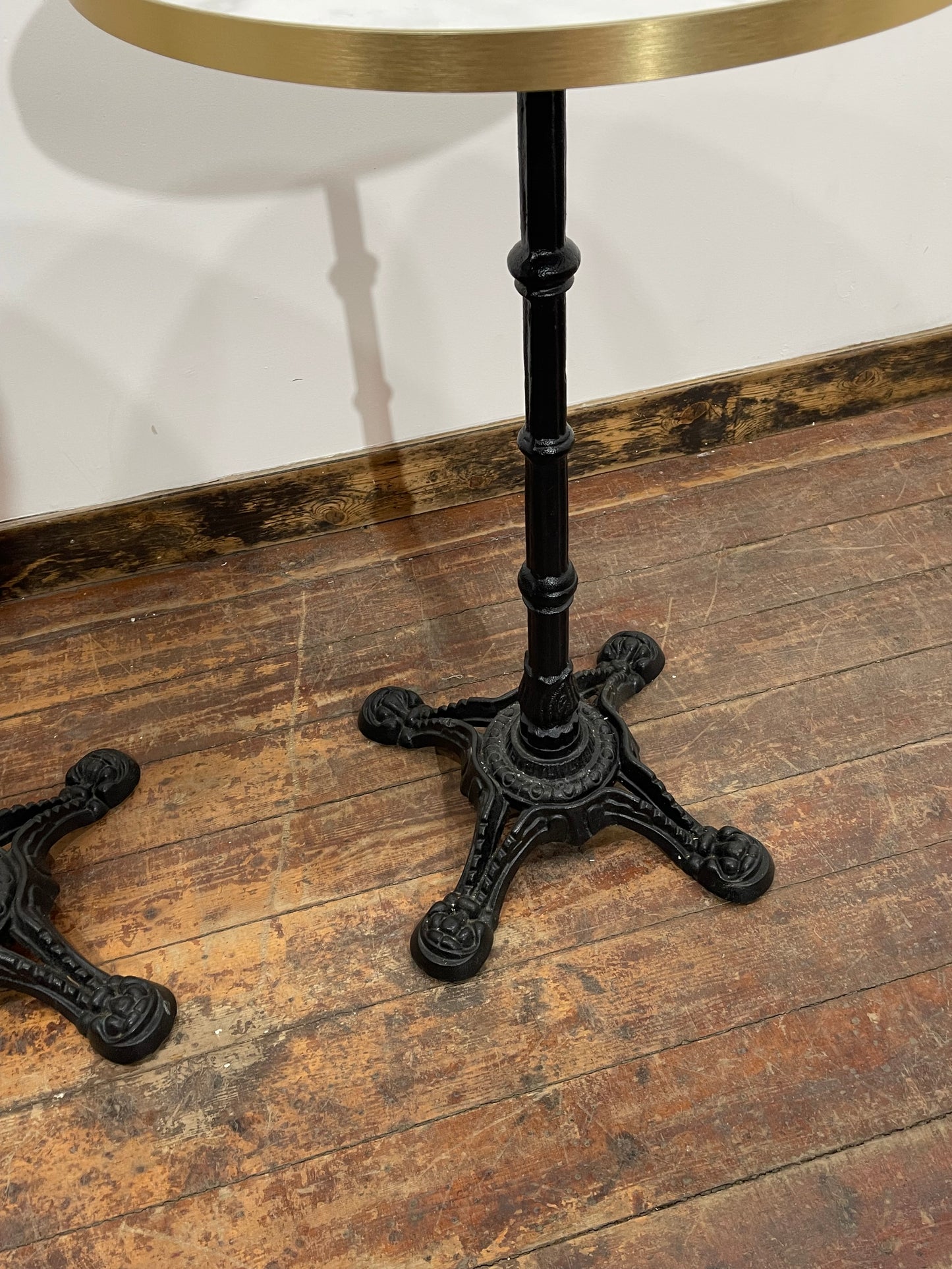 Pair of High Bar Poseur Tables Marble Effect Tops Gold Edge Cast Iron Bases