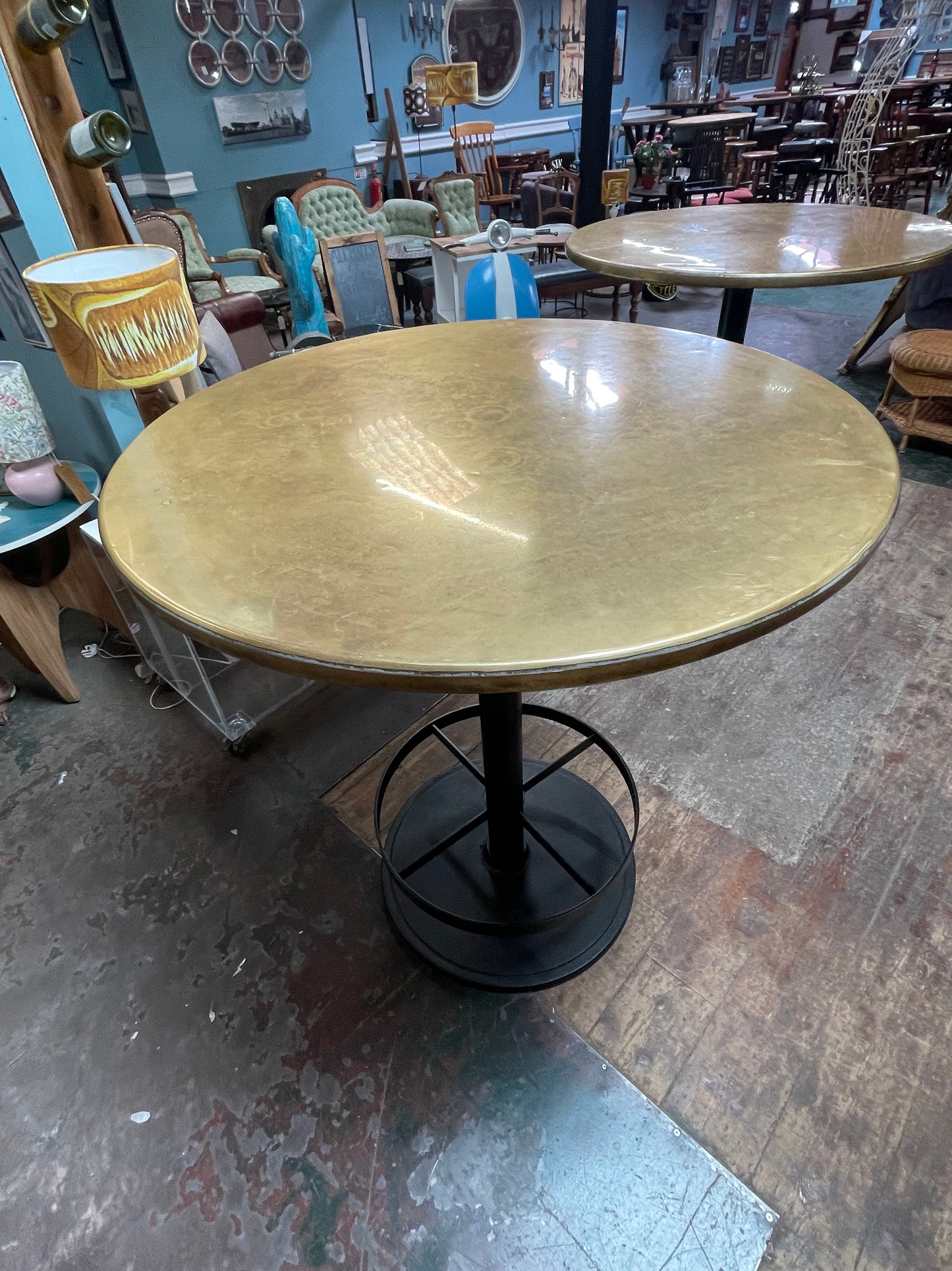 Vintage Round Poseur Bar Table Brass Top Black Metal Base Pub Bistro