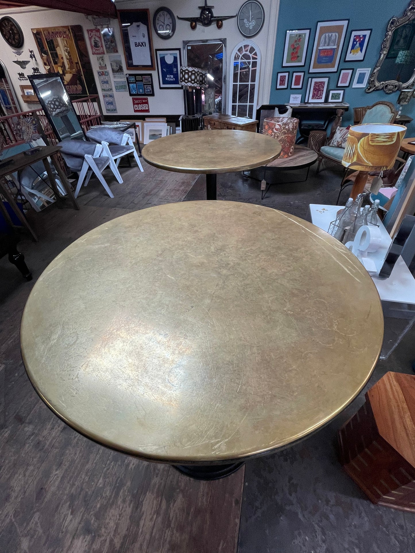 Vintage Round Poseur Bar Table Brass Top Black Metal Base Pub Bistro