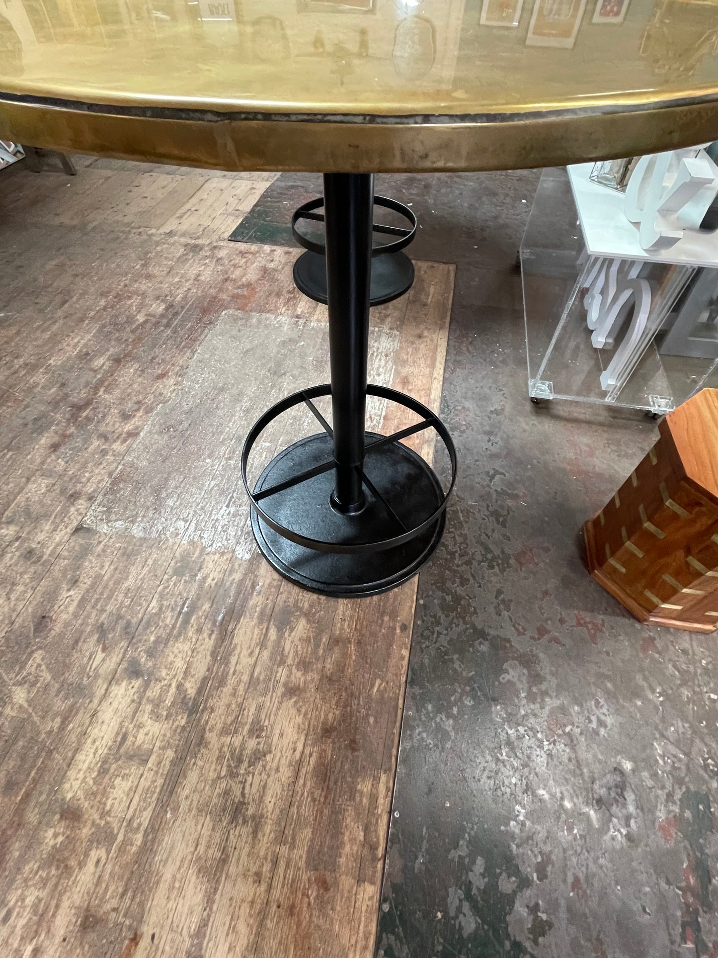 Vintage Round Poseur Bar Table Brass Top Black Metal Base Pub Bistro