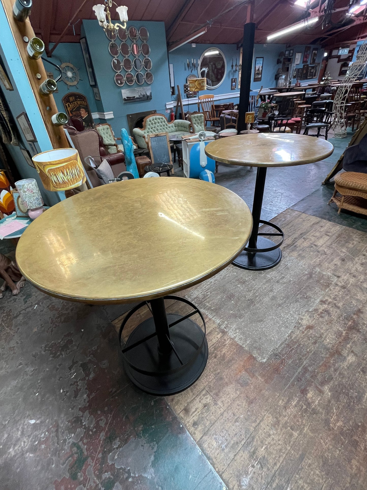 Vintage Round Poseur Bar Table Brass Top Black Metal Base Pub Bistro