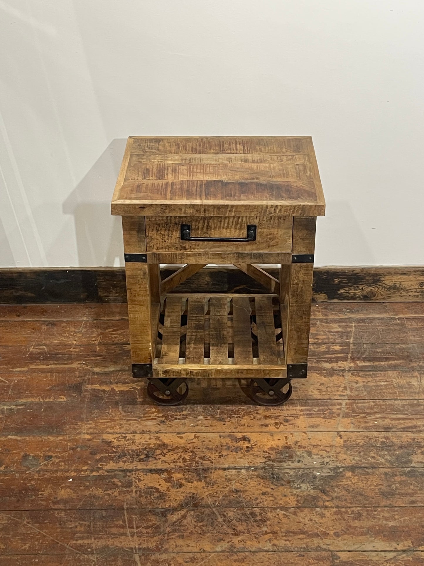 Rustic Wooden Rolling Side Table with Drawer Storage -  Farmhouse Style