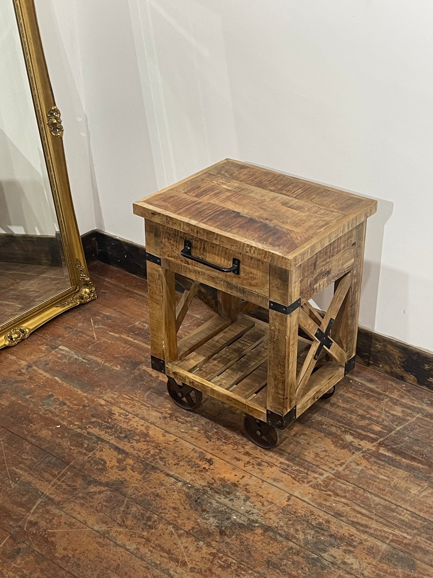 Rustic Wooden Rolling Side Table with Drawer Storage -  Farmhouse Style