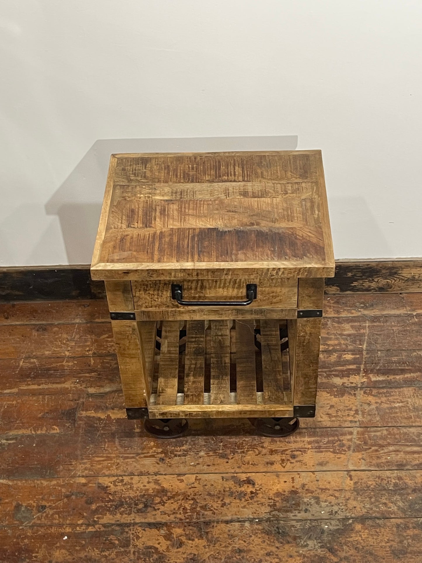 Rustic Wooden Rolling Side Table with Drawer Storage -  Farmhouse Style
