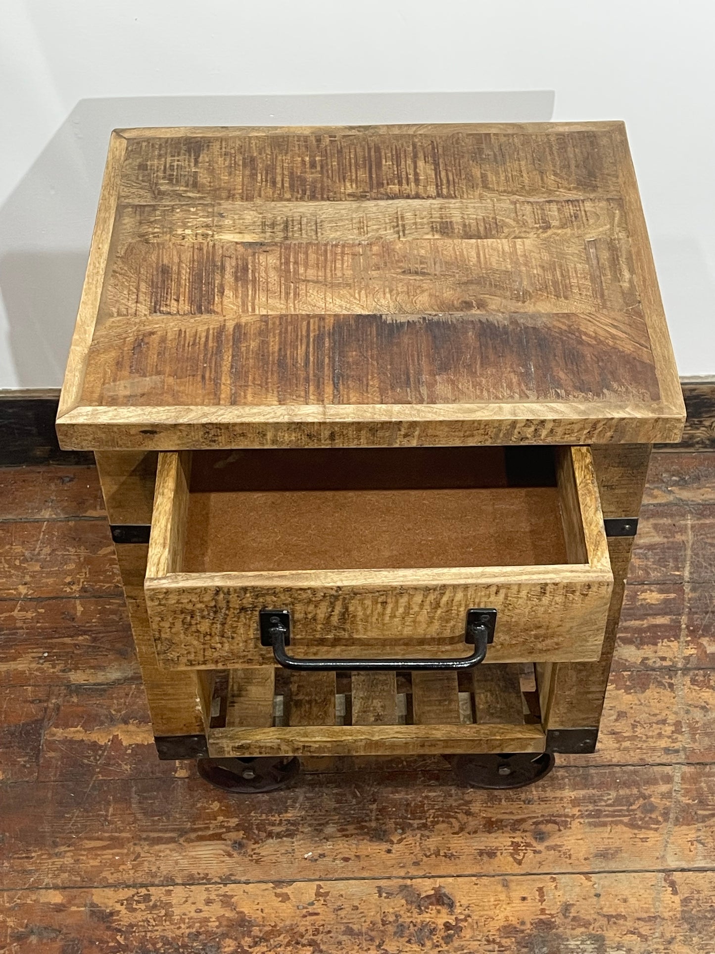 Rustic Wooden Rolling Side Table with Drawer Storage -  Farmhouse Style