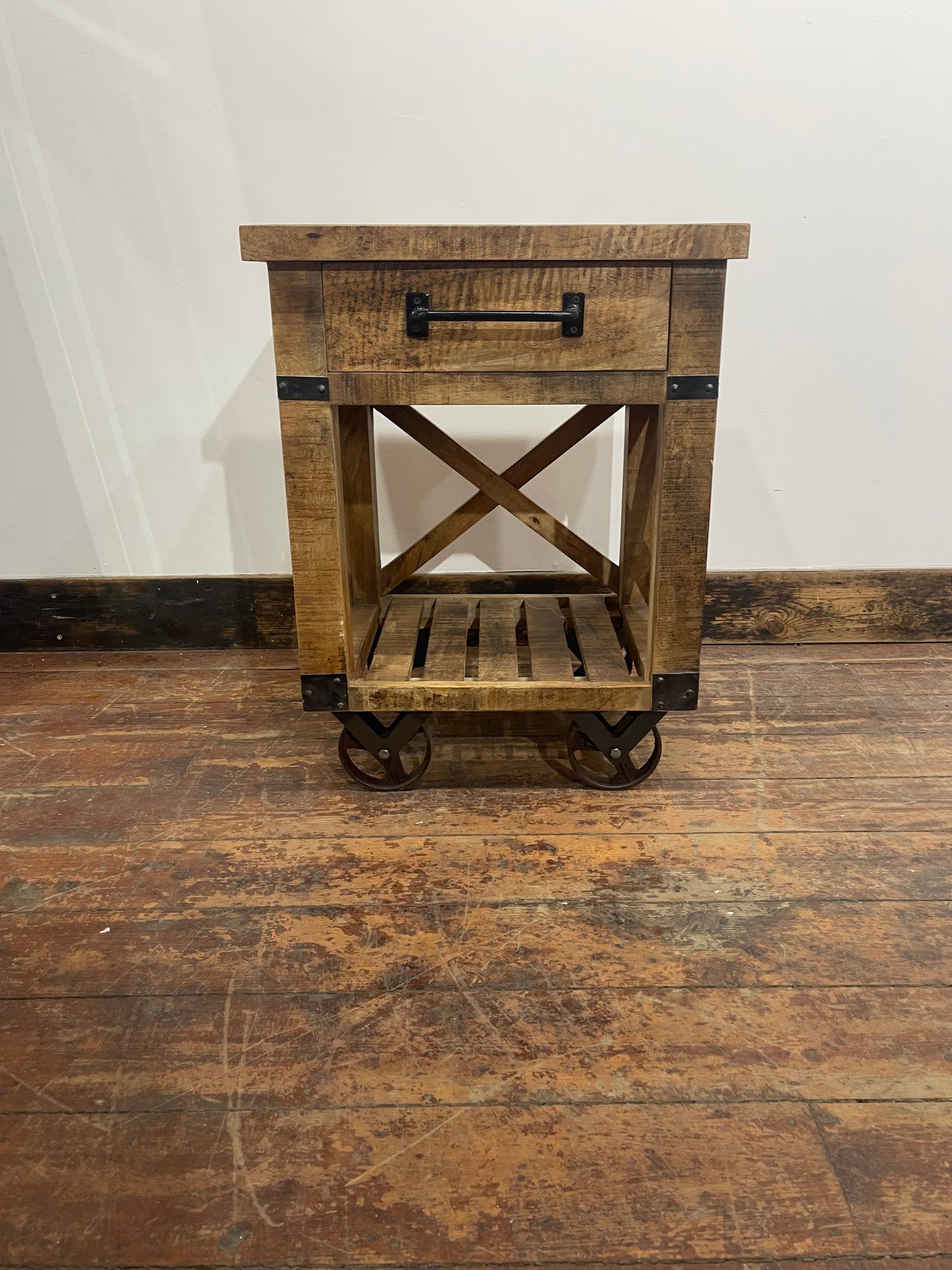 Rustic Wooden Rolling Side Table with Drawer Storage -  Farmhouse Style
