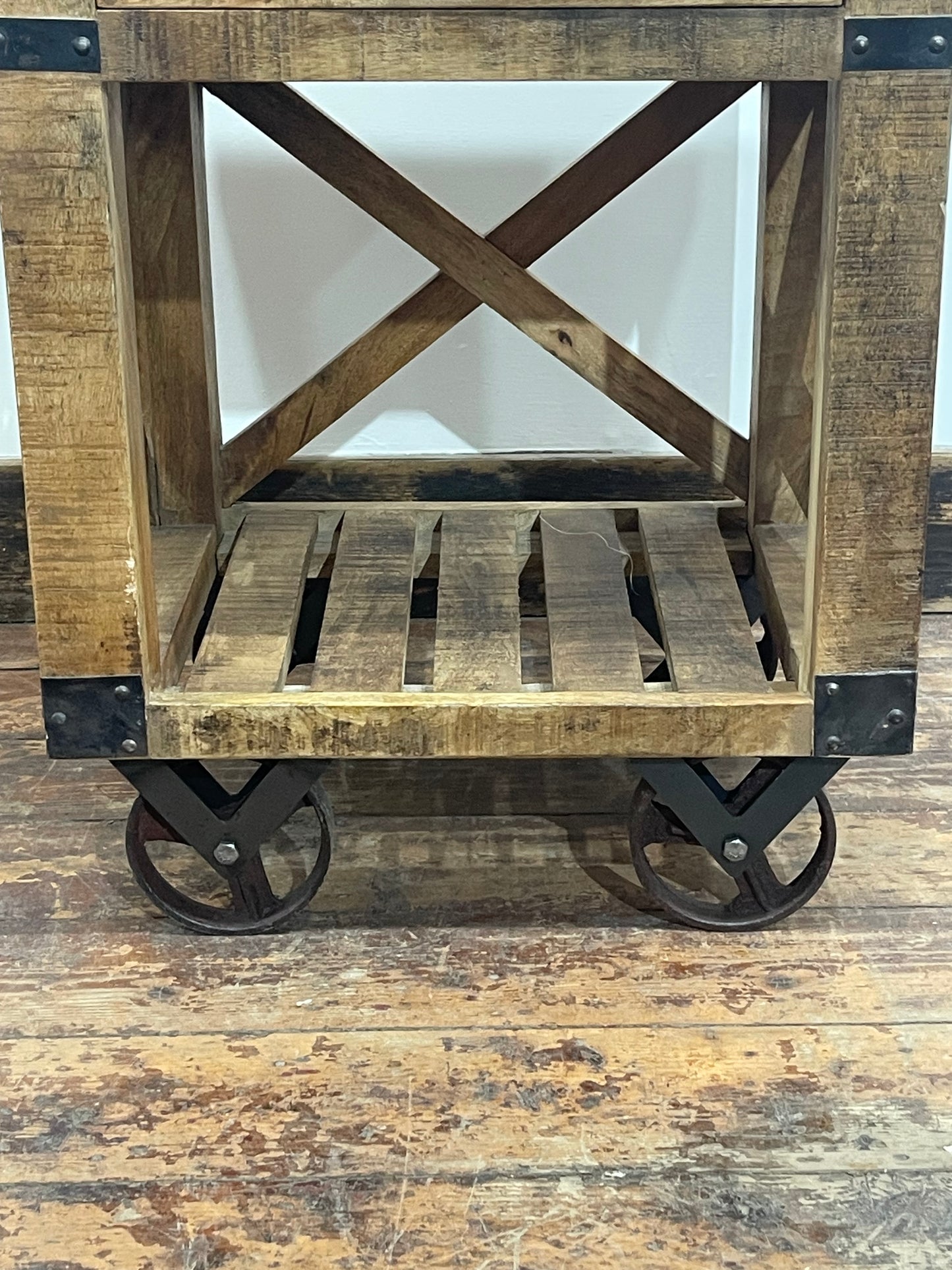 Rustic Wooden Rolling Side Table with Drawer Storage -  Farmhouse Style