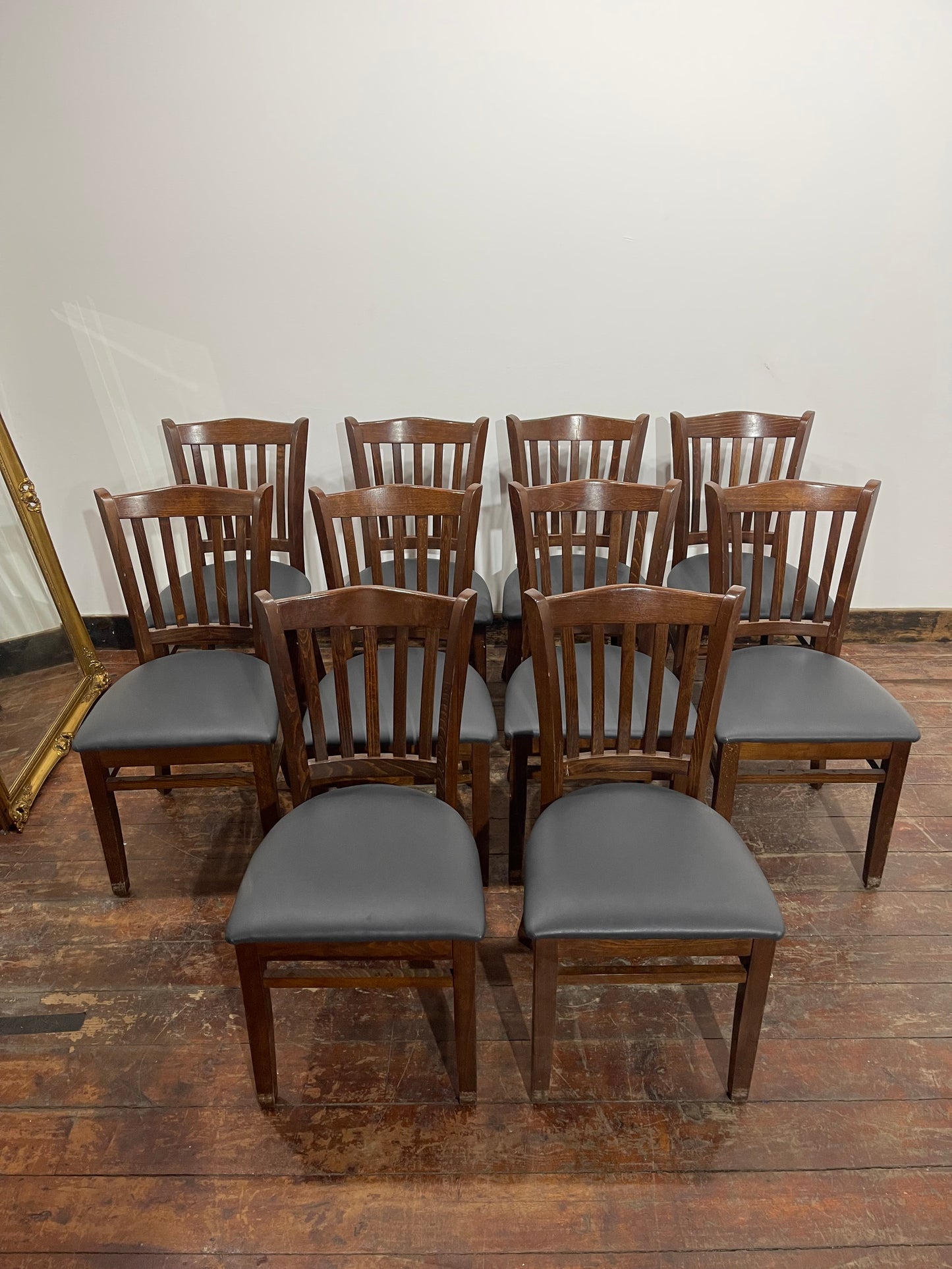 Set of 10 Wooden Dining Chairs – Slatted Back – Upholstered Seats
