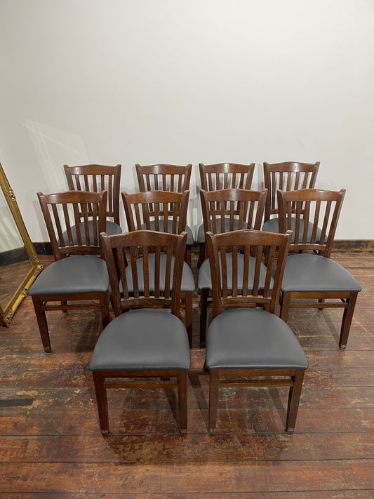 Set of 10 Wooden Dining Chairs – Slatted Back – Upholstered Seats
